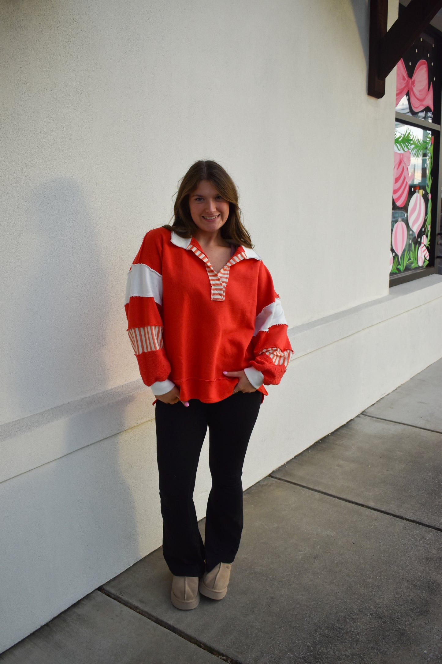 Terry Knit Collared Top: Red/Cream