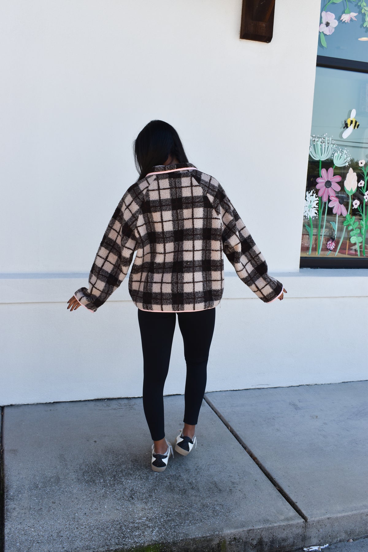 Plaid Sherpa Half-Zip W/ Pink Detail