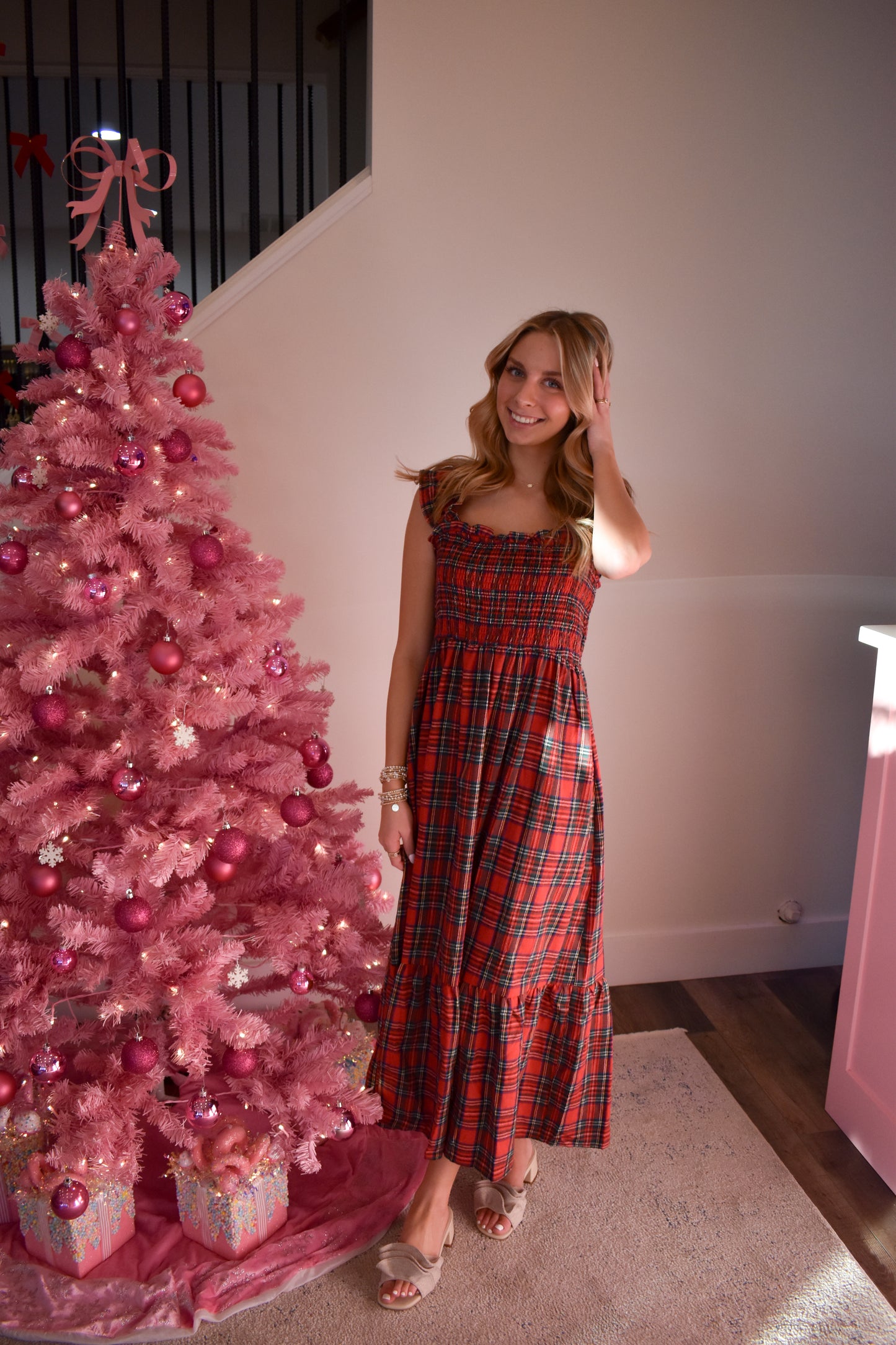 Plaid Smocked Dress W/ Ruffle Hem