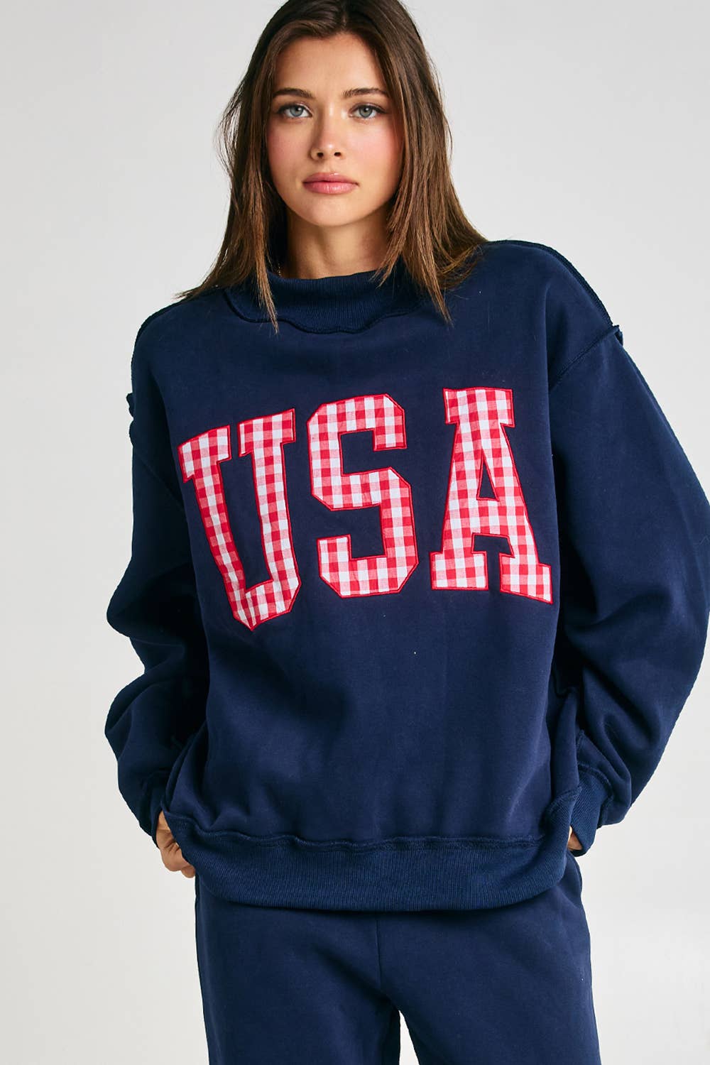 Gingham Embroidery "USA" Mock Neck Sweatshirt