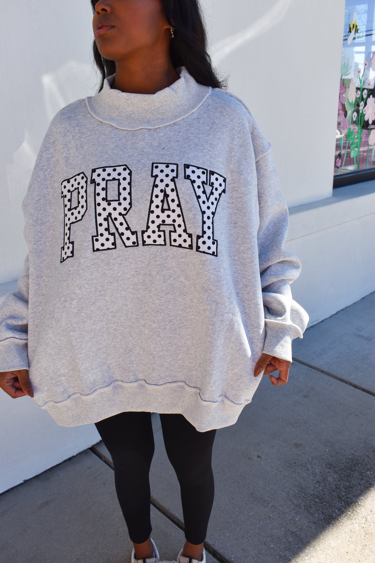 Embroidered "PRAY" Polka Dot Mockneck