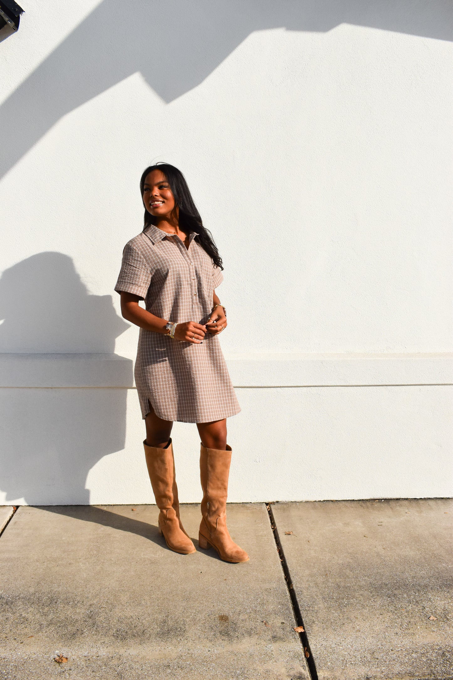 Checkered Shirt Dress W/ Pocket