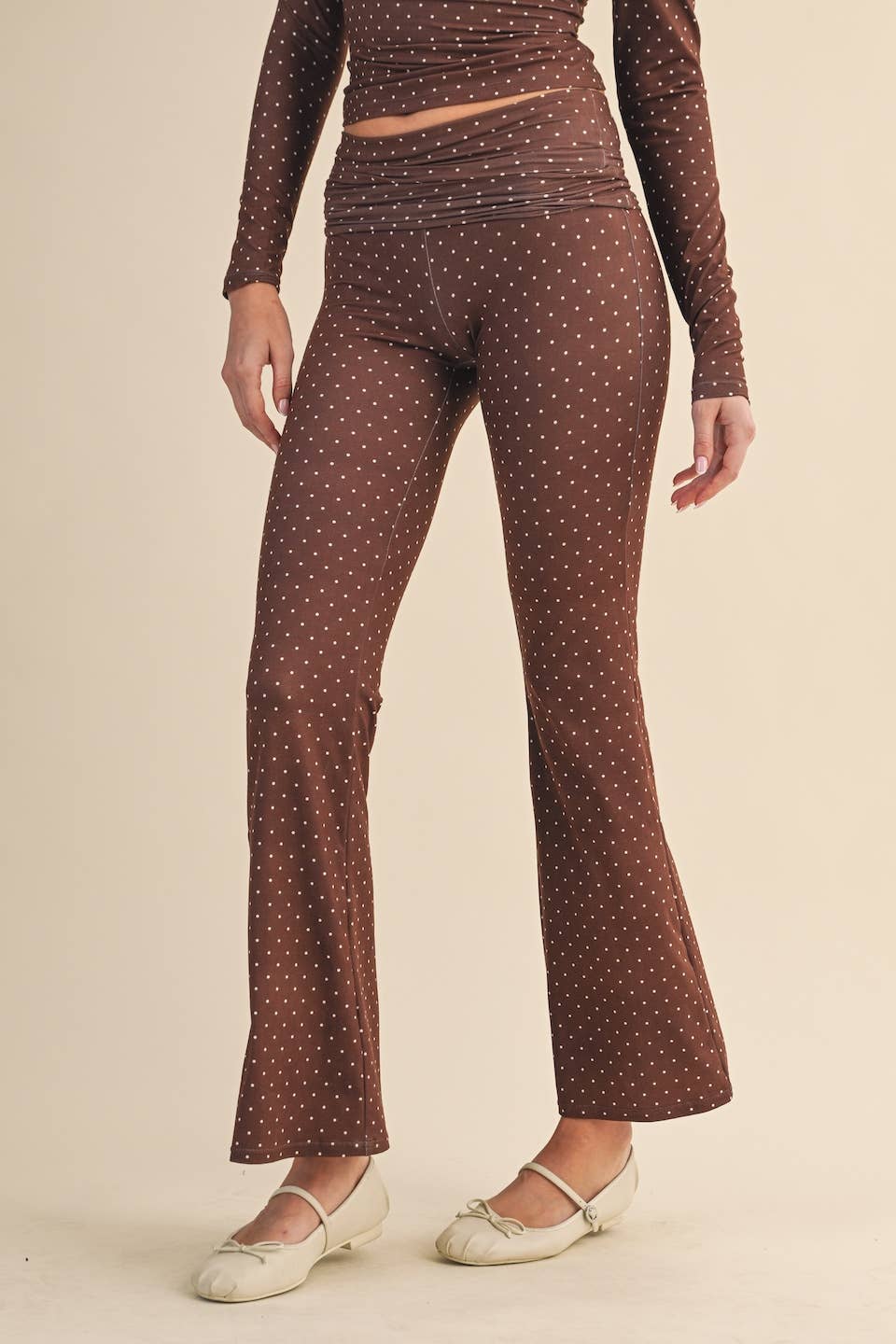 Polka Dot Print Soft Knit Jersey Foldover Flare Pants