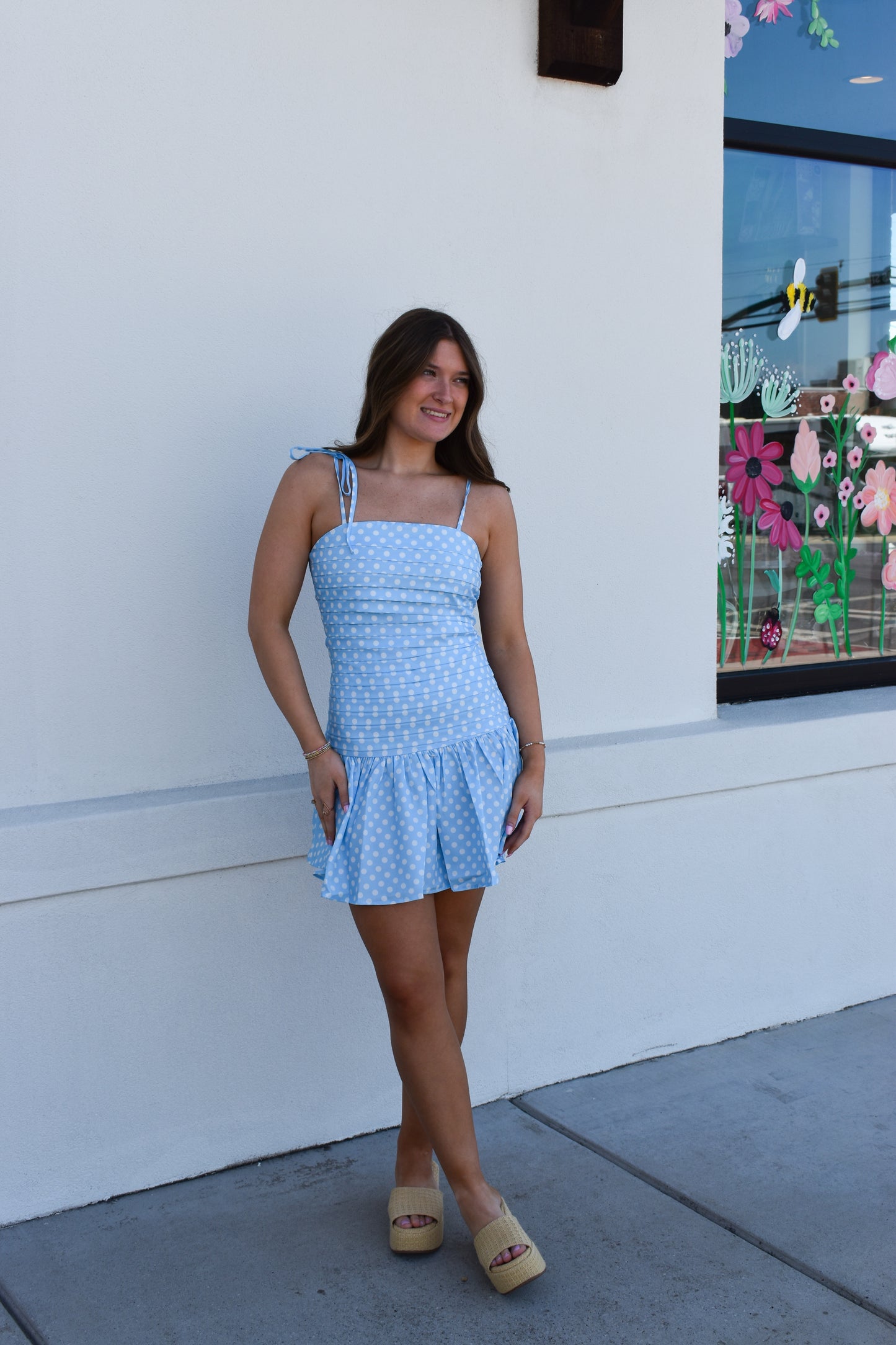 Blue Polka Dot Pleated Mini Dress