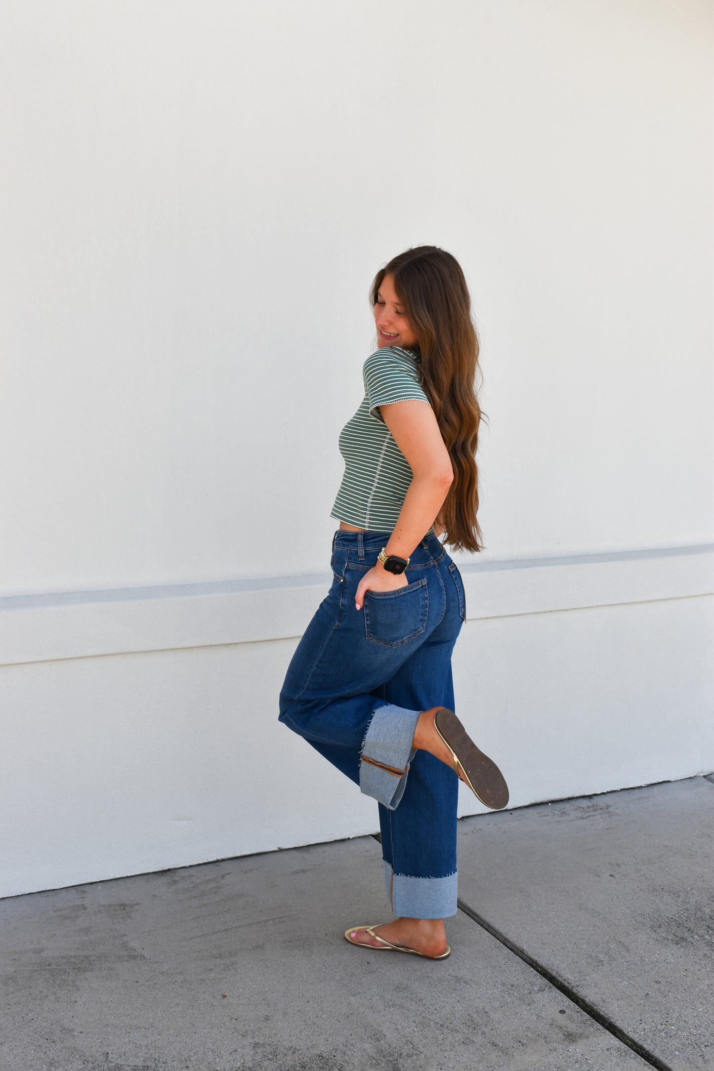 Risen High-Rise Wide-Cuffed Jeans: Dark Wash