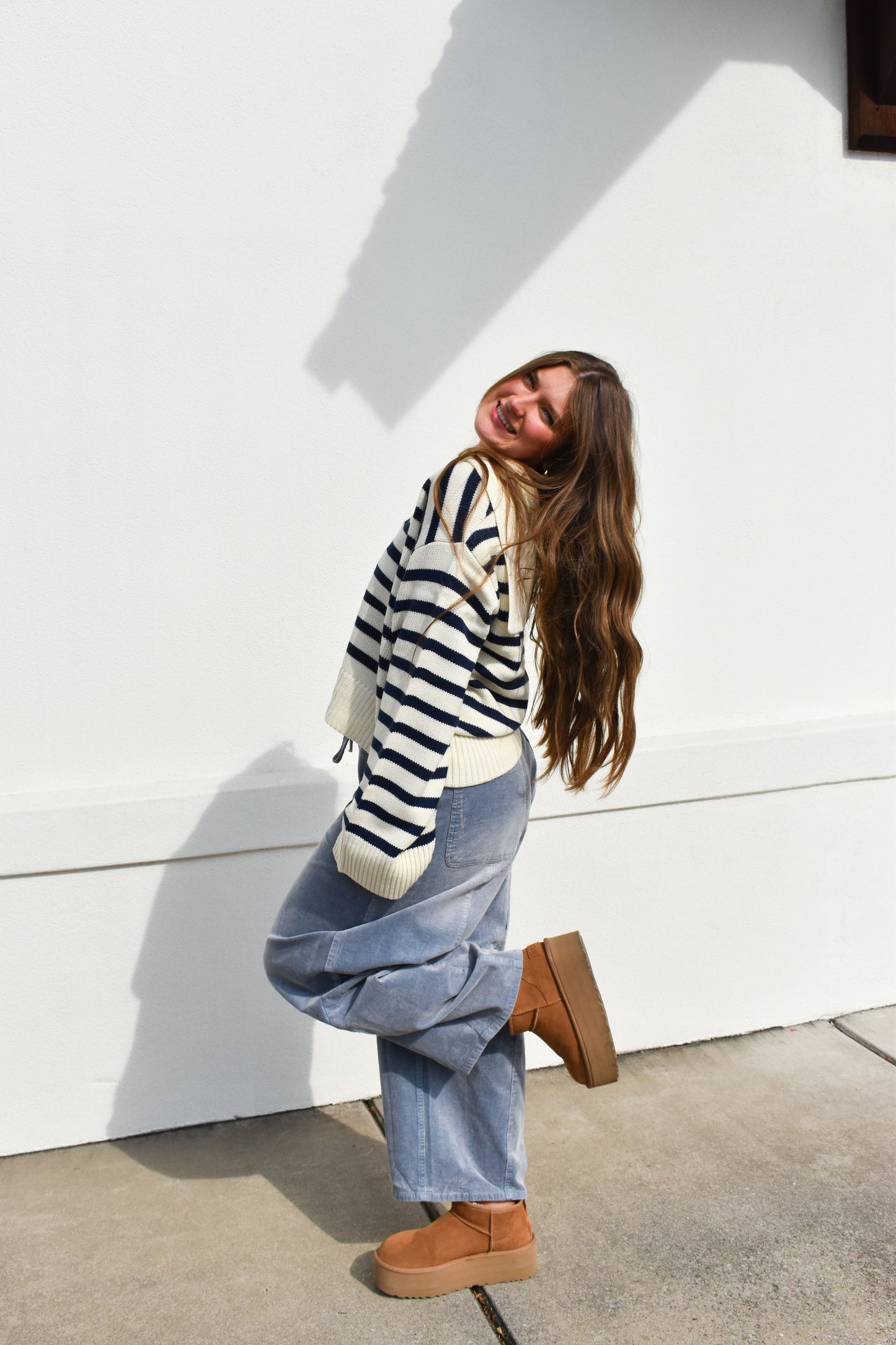 Cream/Navy Striped Collared Knit Sweater