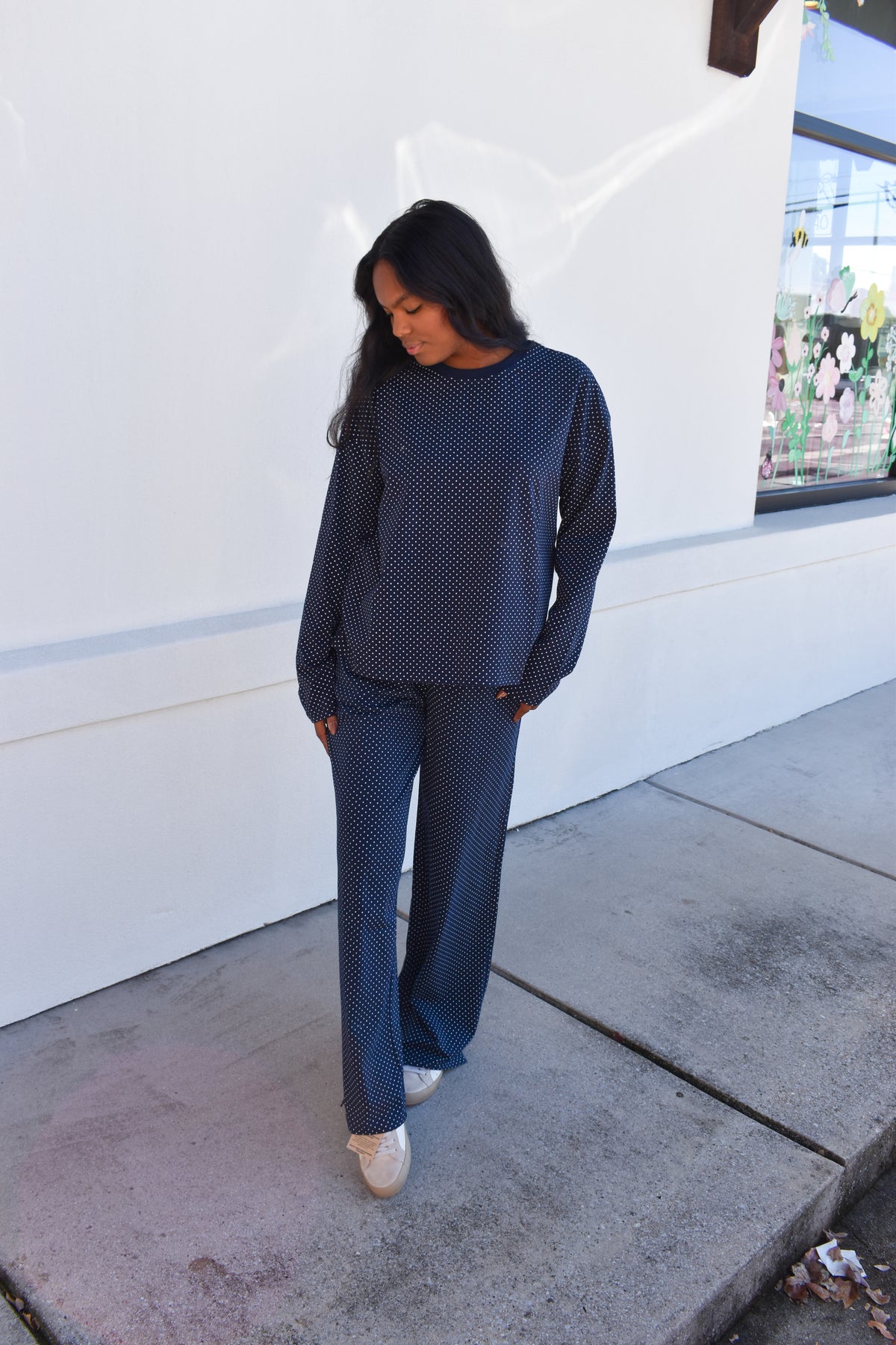 Navy Blue Polka Dot Loungewear Long Sleeve Top