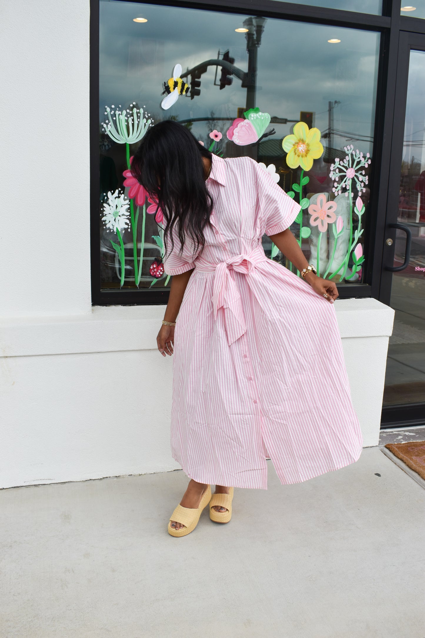 Seer Sucker Striped W/ Bow Tie Maxi Dress