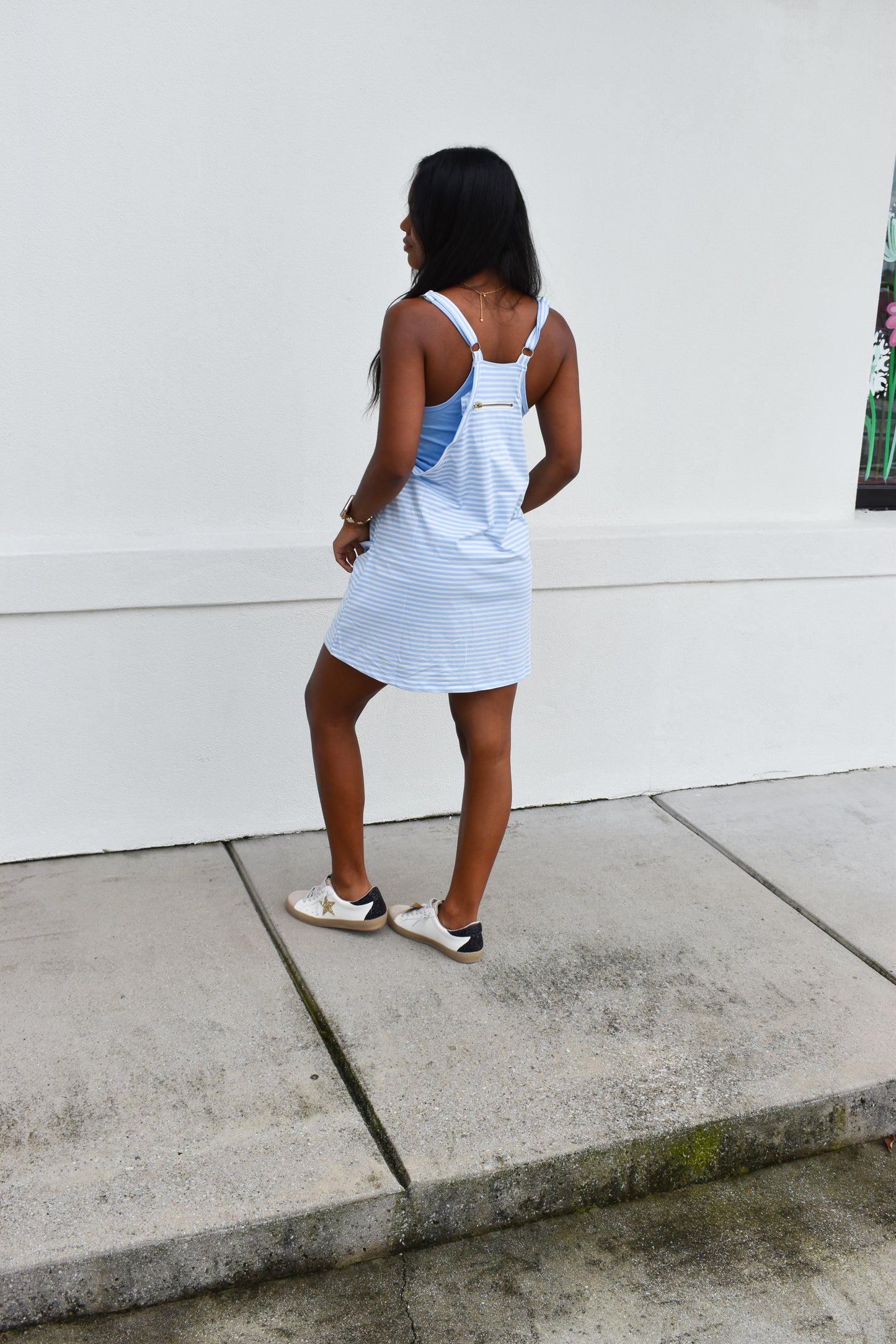 Striped Romper Dress W/ Built In Romper: Blue
