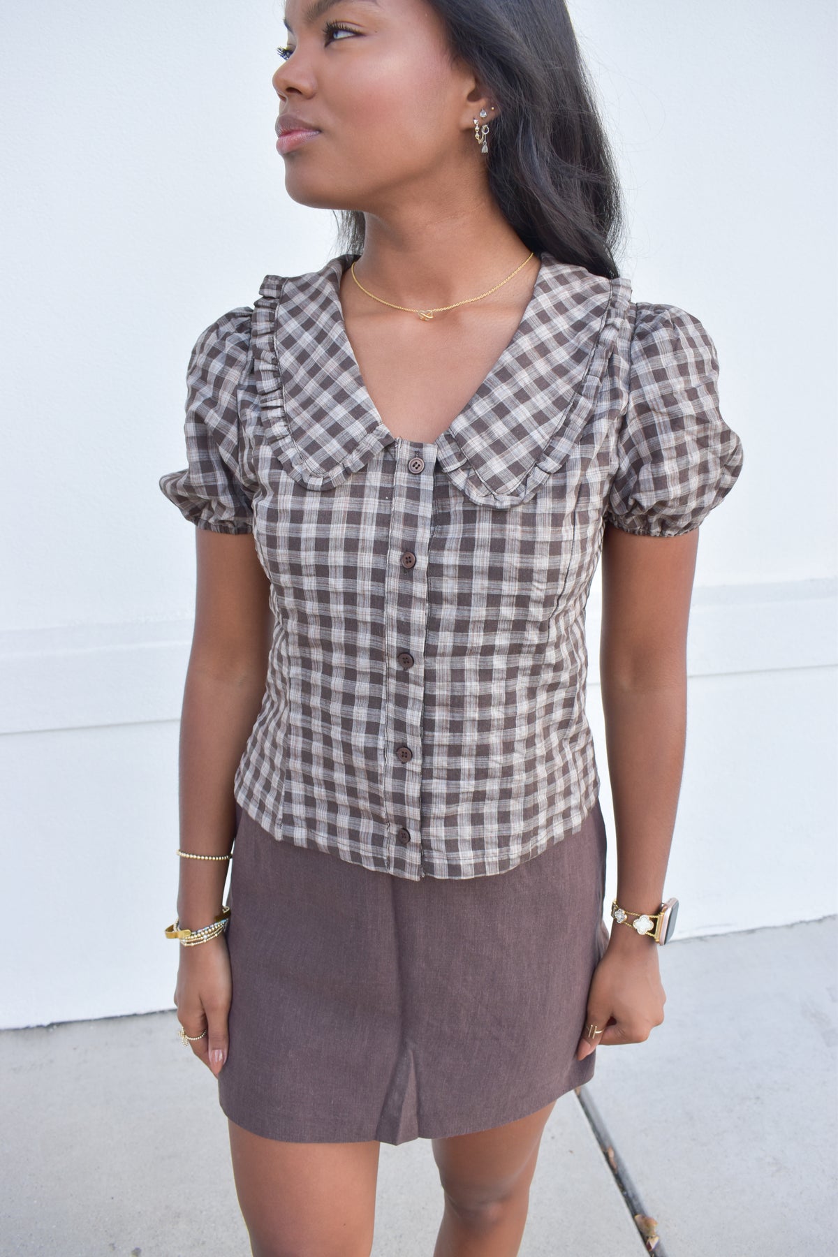 Gingham Plaid Button Top W/ Ruffle Collar