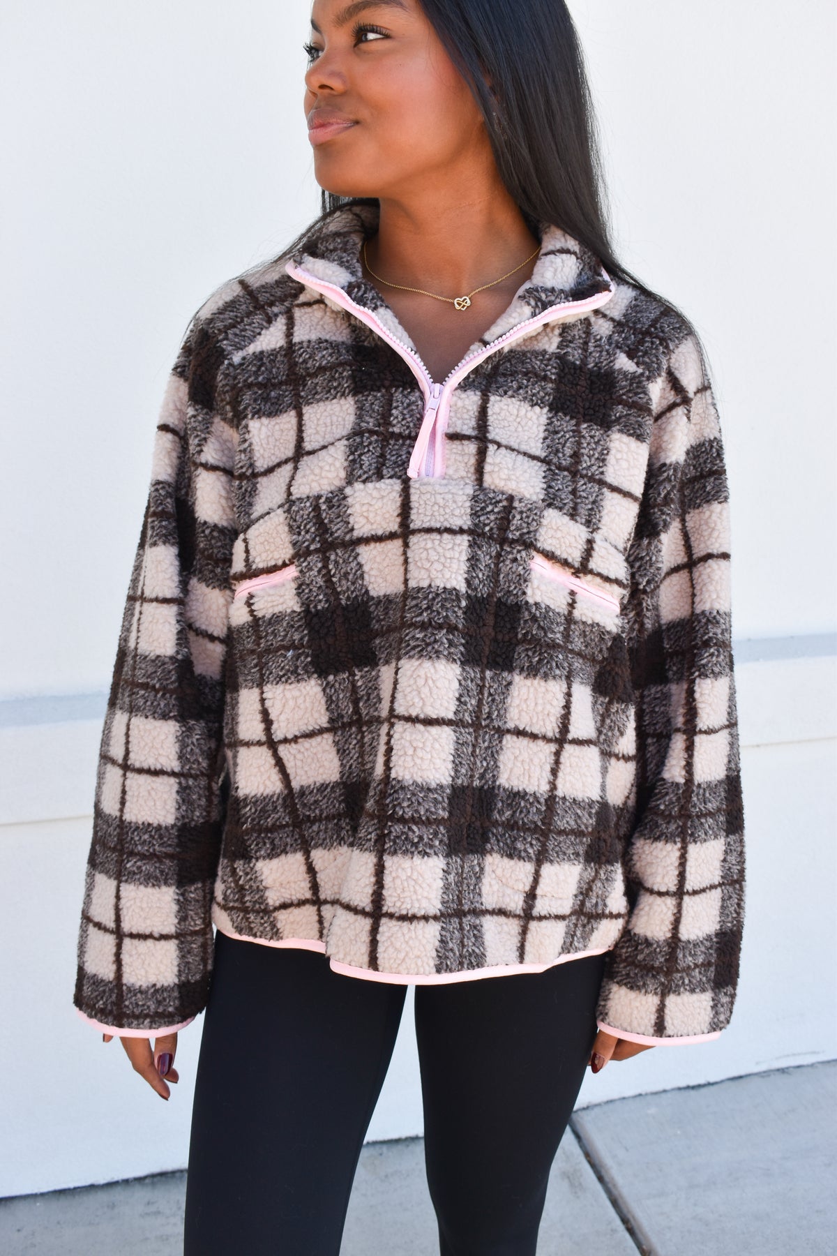 Plaid Sherpa Half-Zip W/ Pink Detail