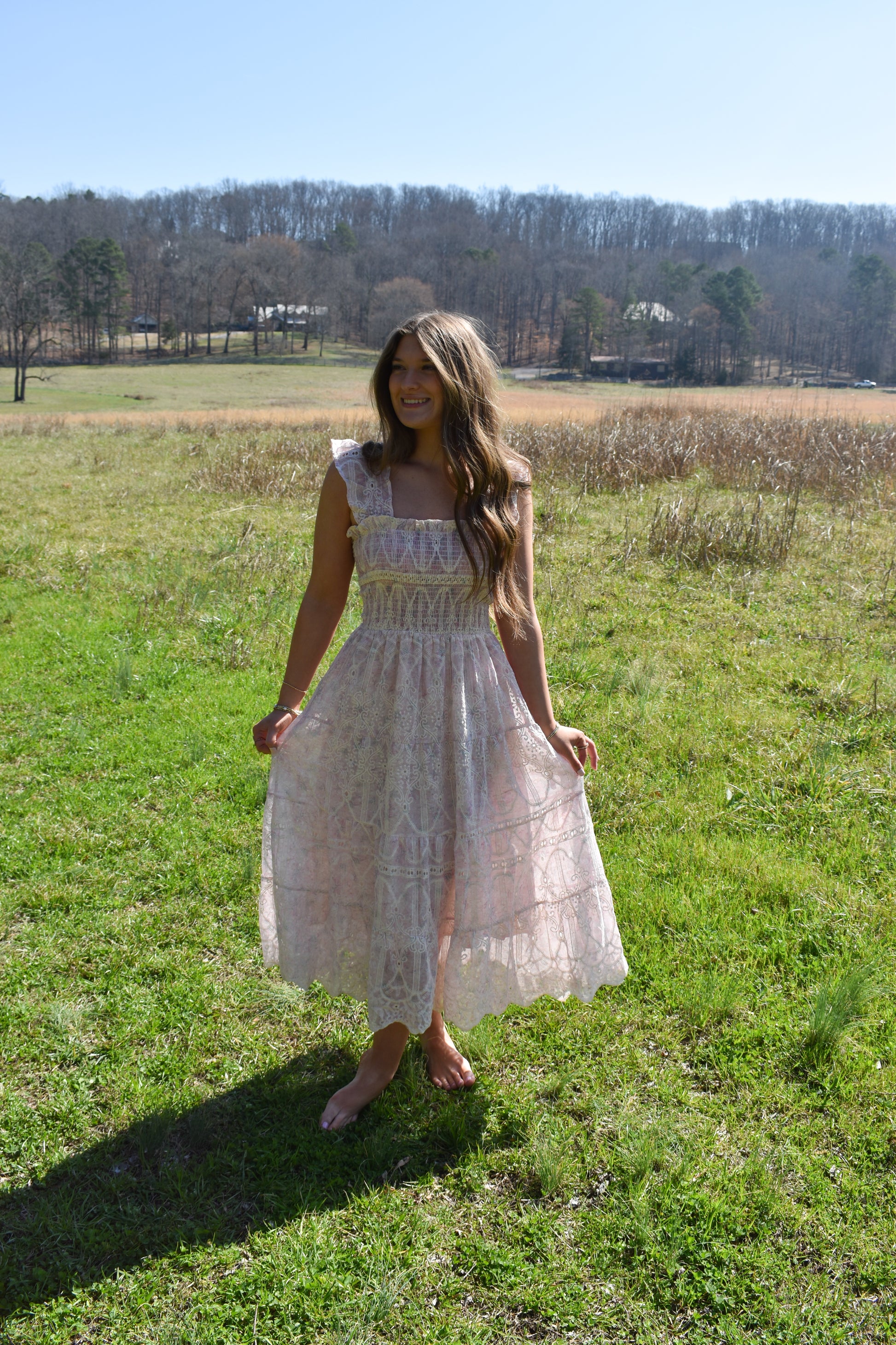 austen lace flutter sleeves midi dress Clothing: Midi Dresses: 'Austen' Bluebell Floral Lace Midi Dress