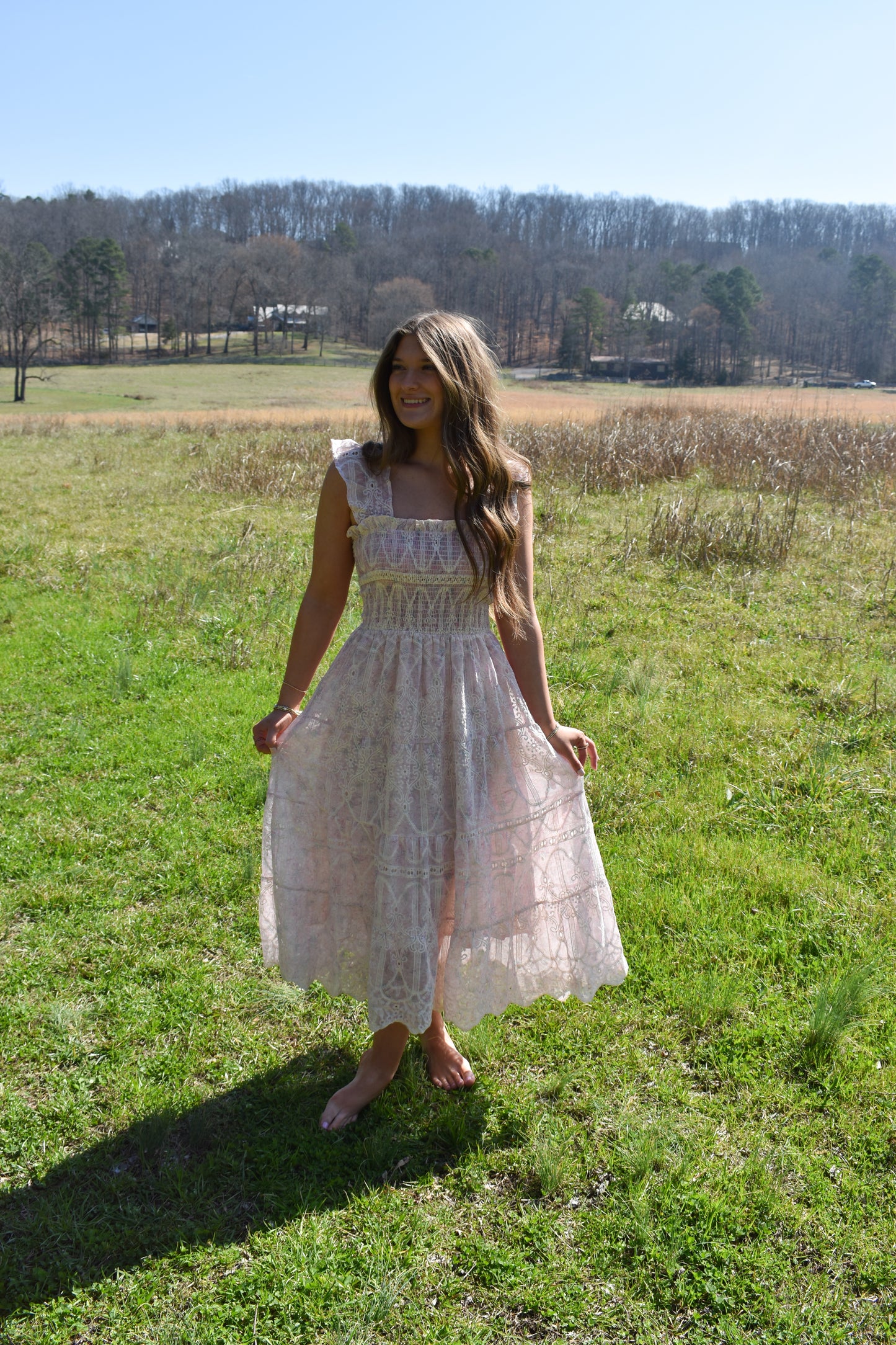 Whimsical Lace Flutter Sleeve Midi Dress