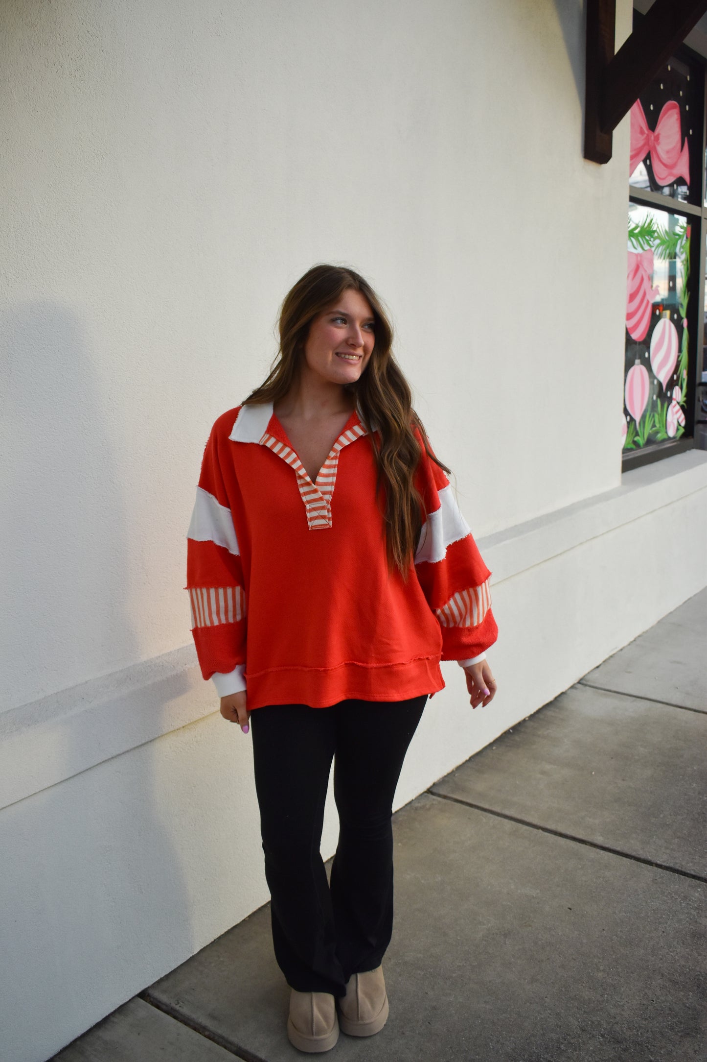 Terry Knit Collared Top: Red/Cream