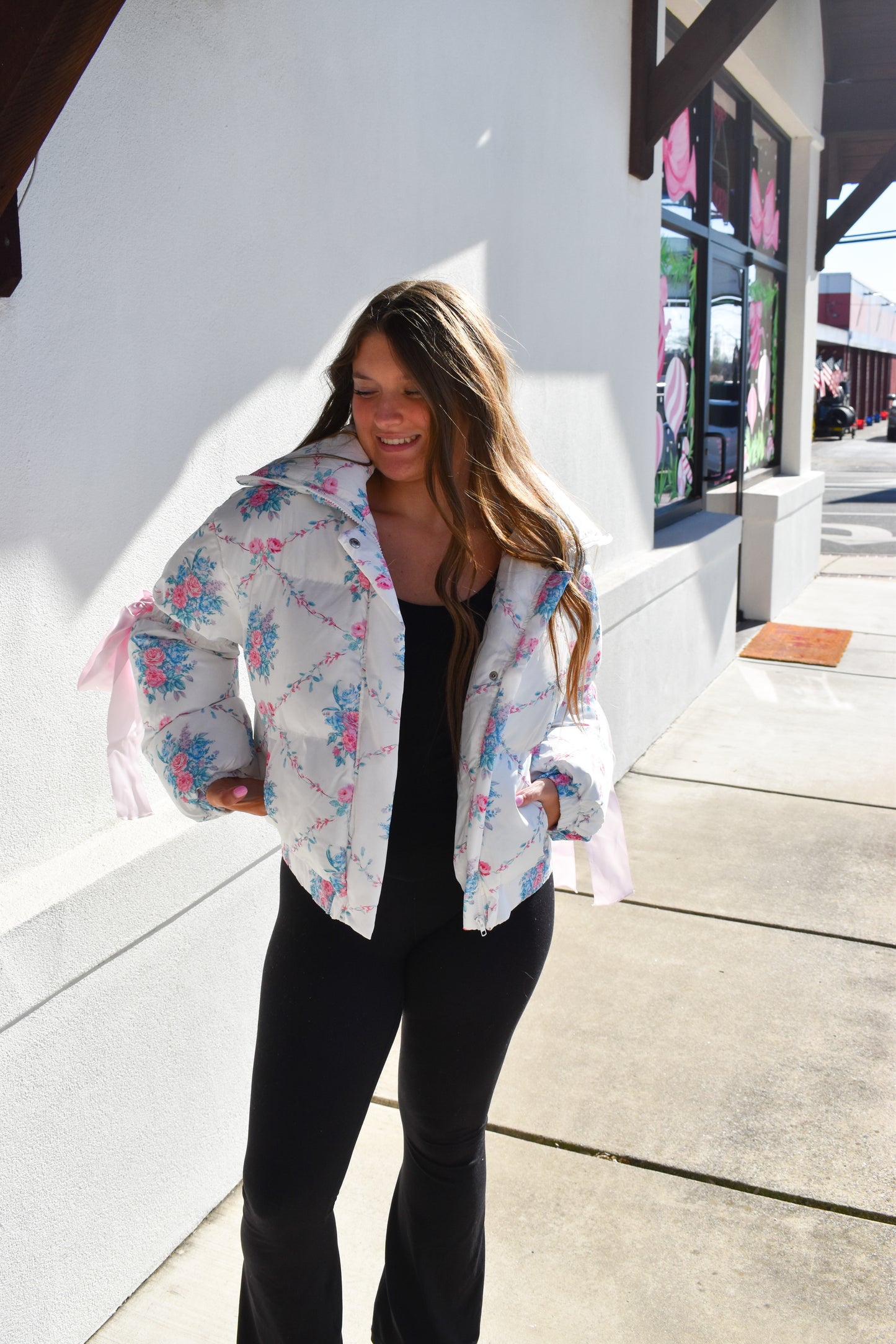 Floral Print Bow Knot Puffer Jacket