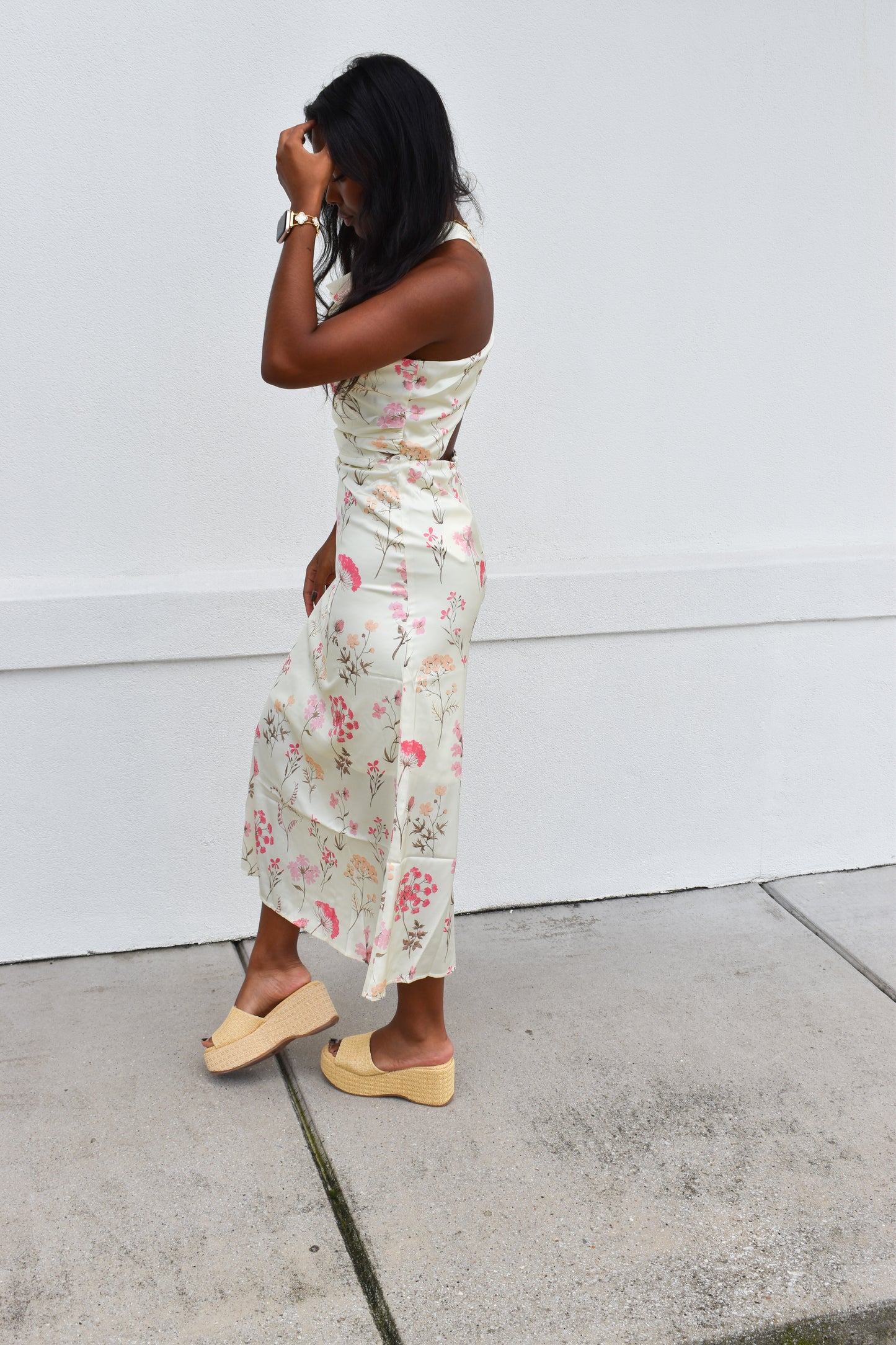 Cowl Neck Floral Midi Dress