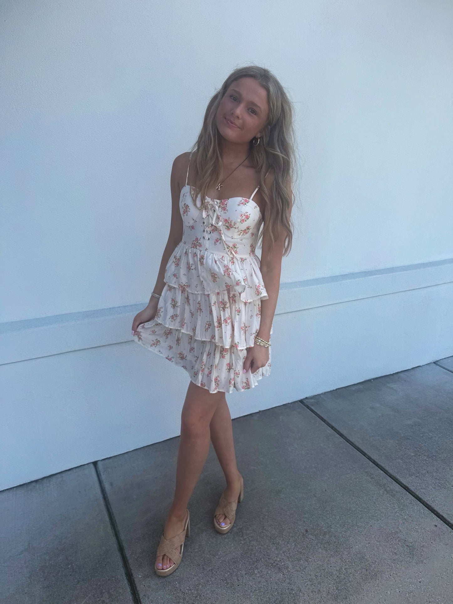 Front Lace Up Ruffle Tiered Mini Dress