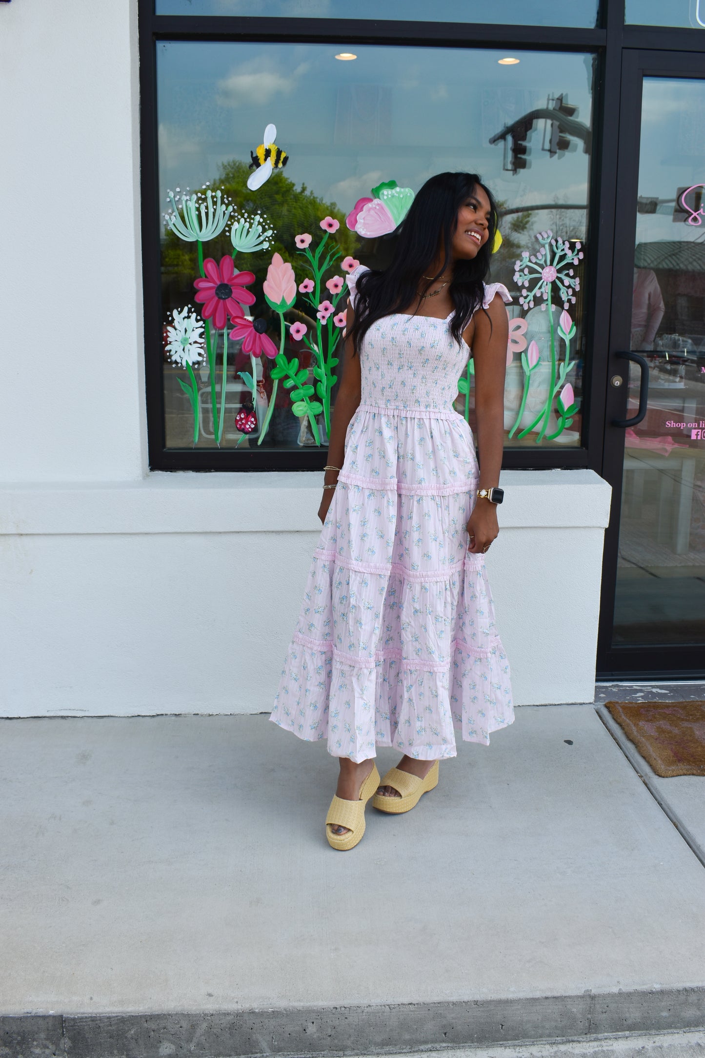 Ditsy Flower Smocked Dress: Pink/Blue