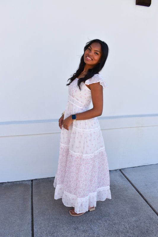 Flutter Sleeve White Pink Lace Maxi Dress