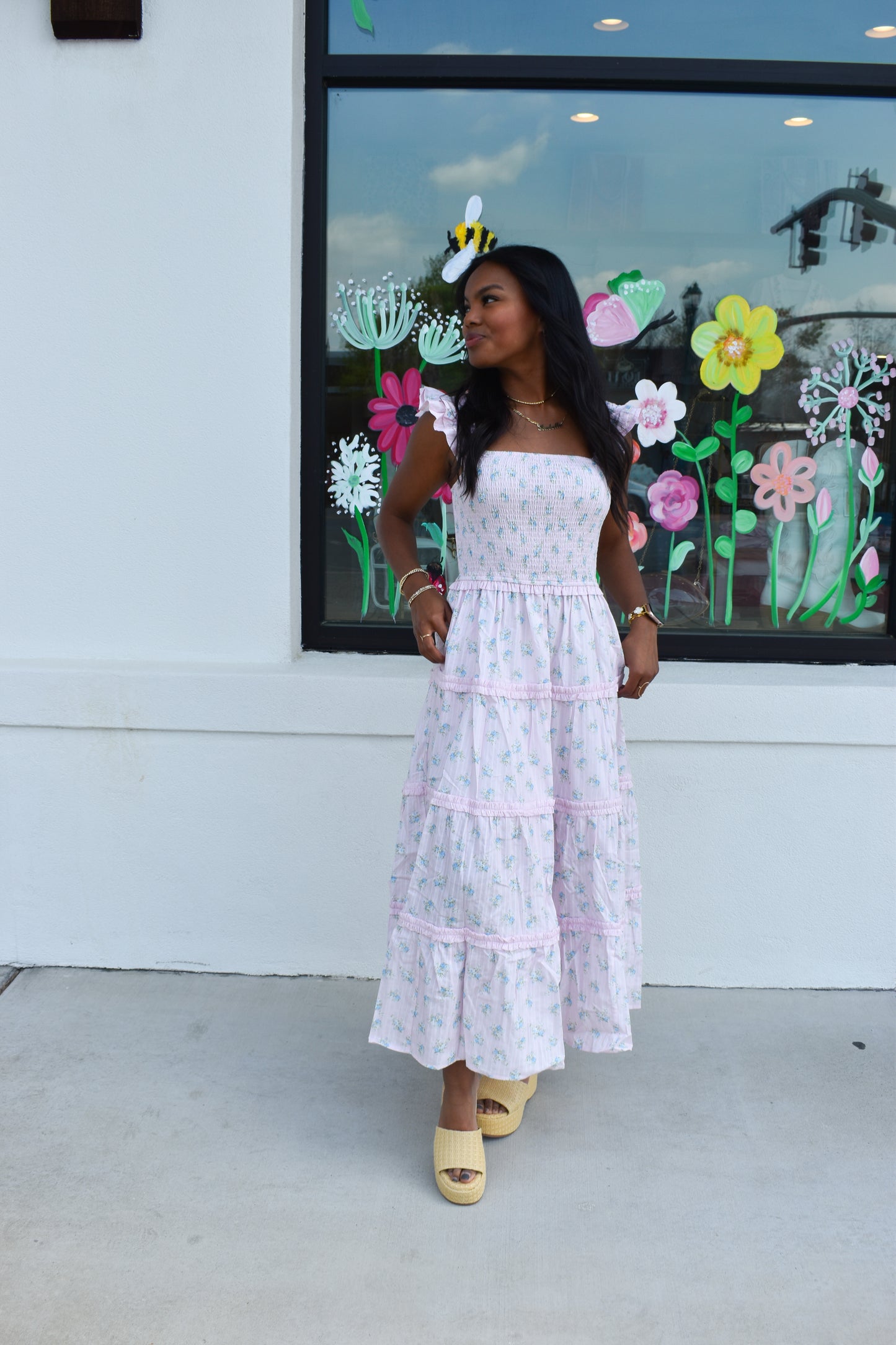Ditsy Flower Smocked Dress: Pink/Blue
