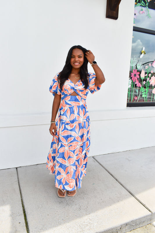 Blue/Orange Floral Maxi Dress