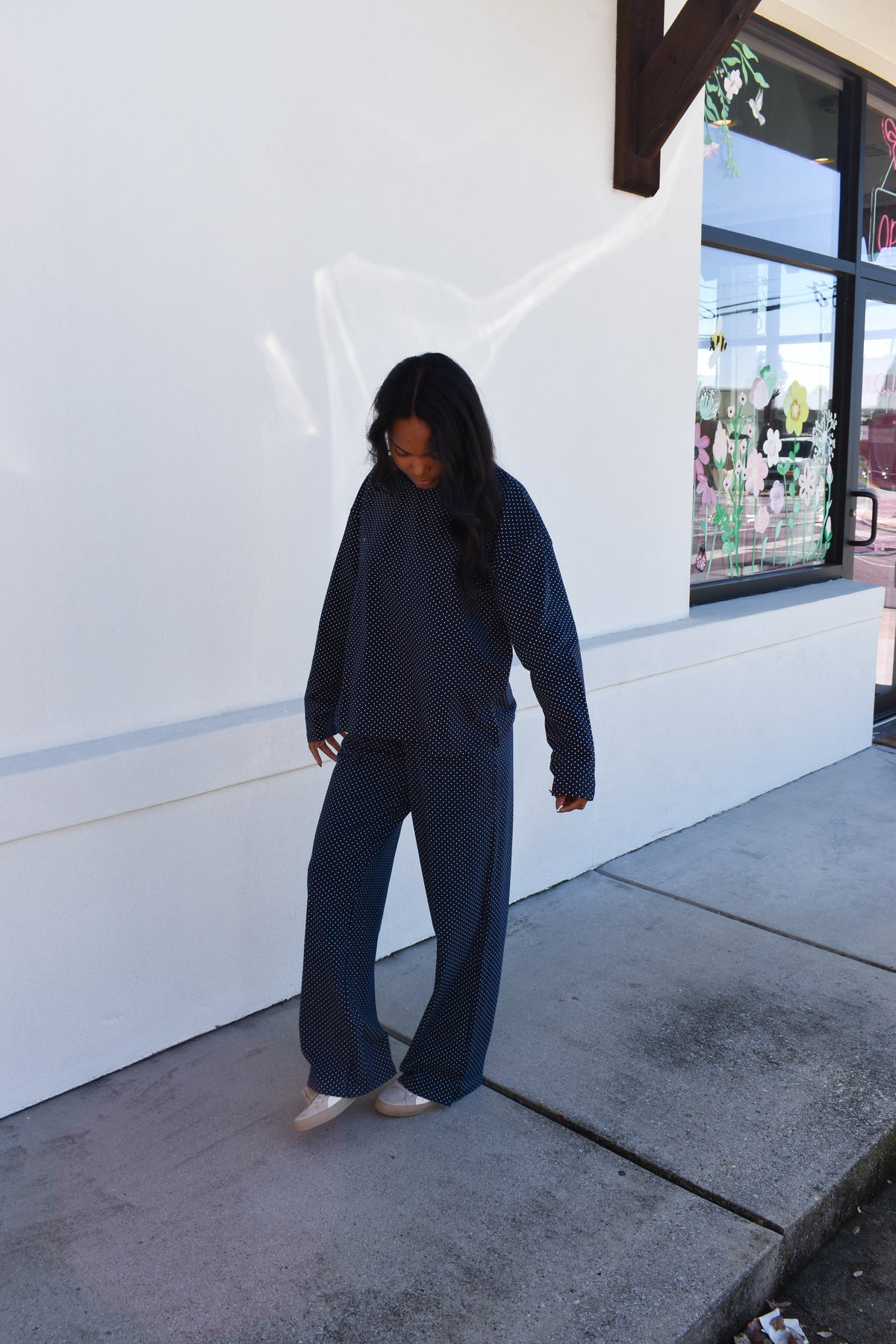 Navy Blue Polka Dot Loungewear Long Sleeve Top