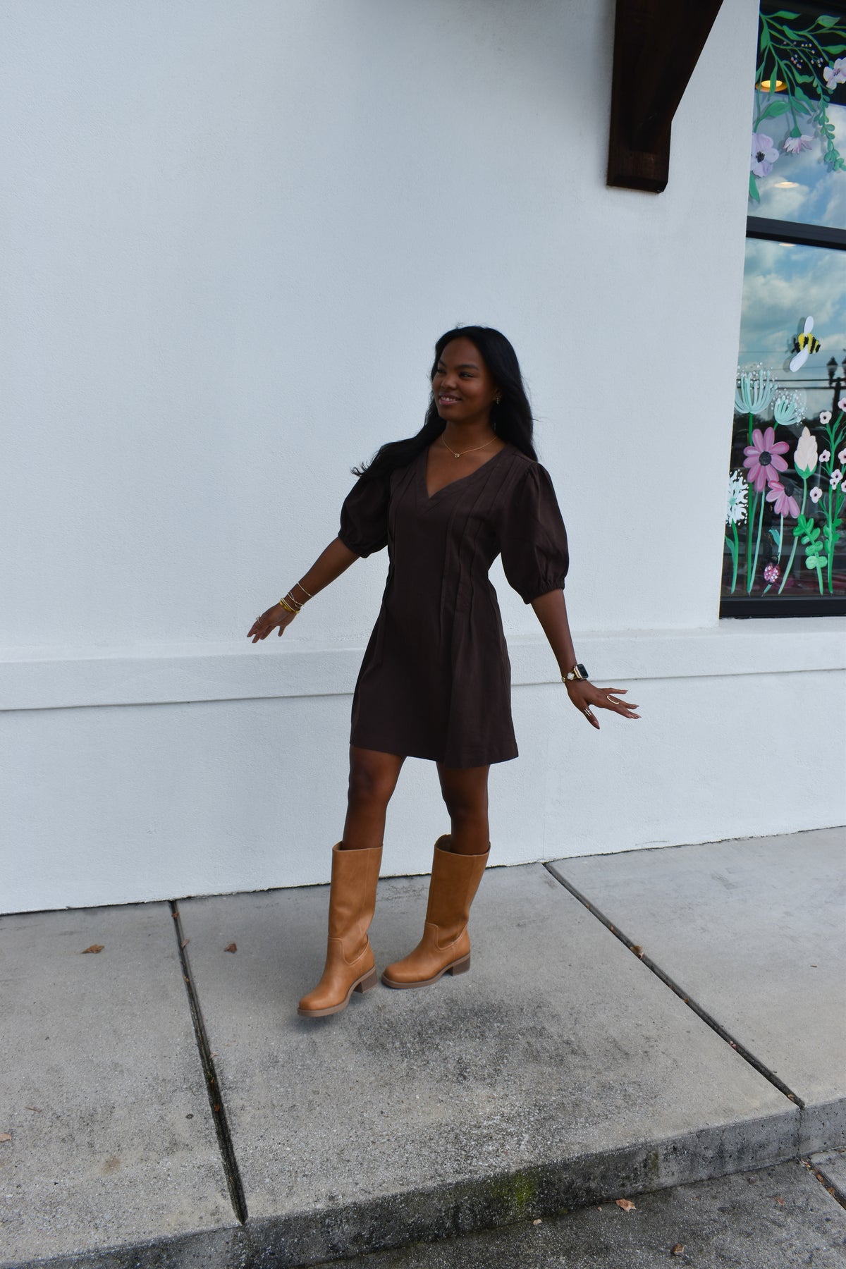 Puff Sleeve V Neck Mini Dress