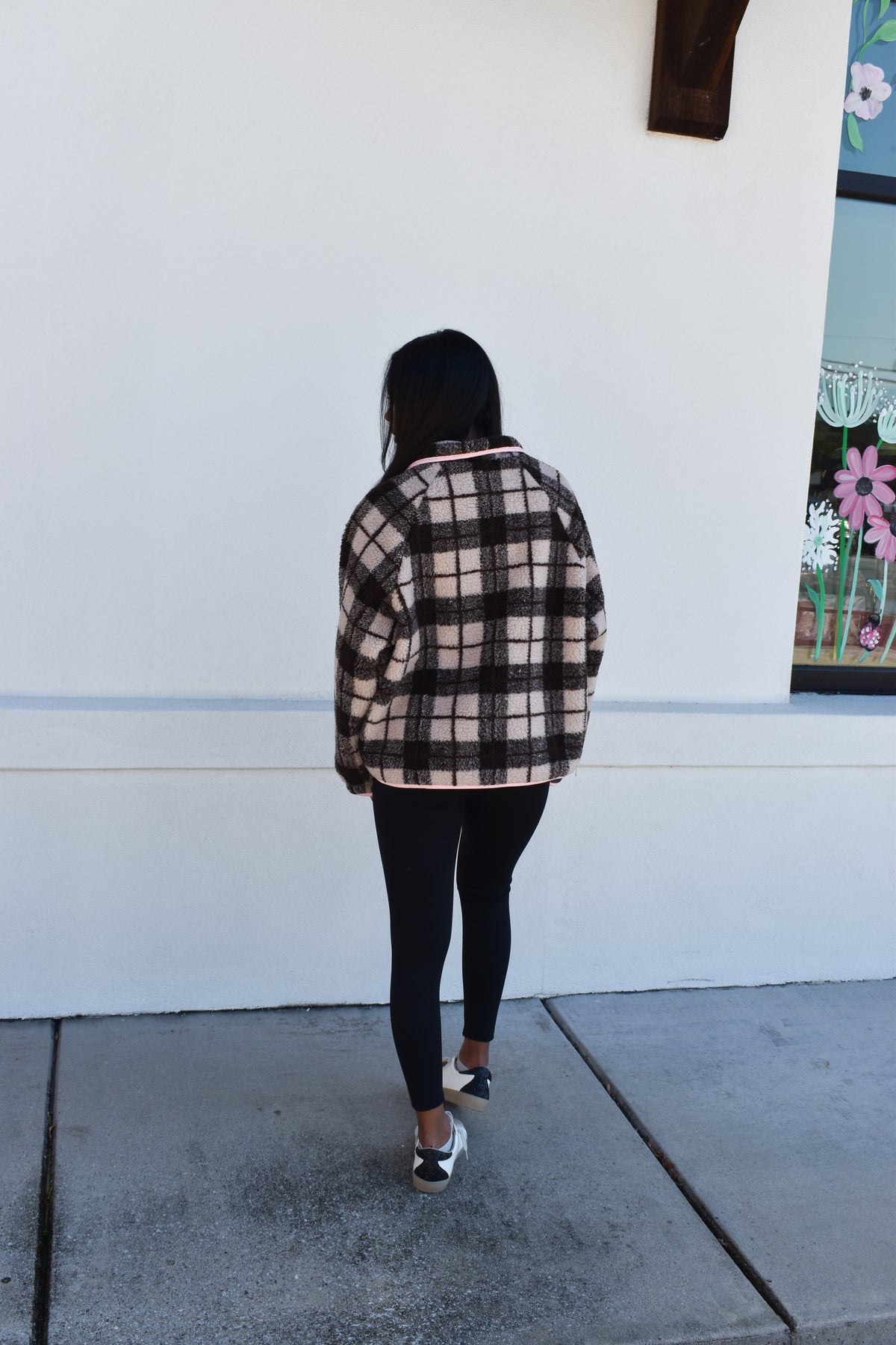 Plaid Sherpa Half-Zip W/ Pink Detail