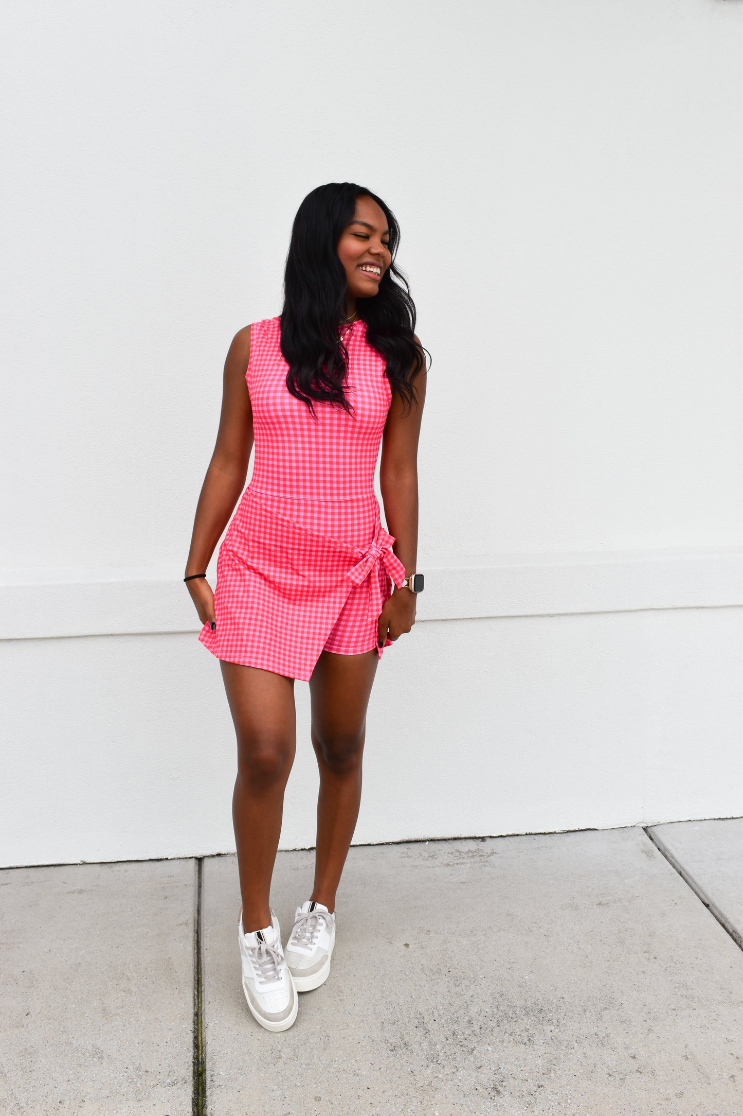 Gingham Athletic Wrap Tie Dress: Hot Pink