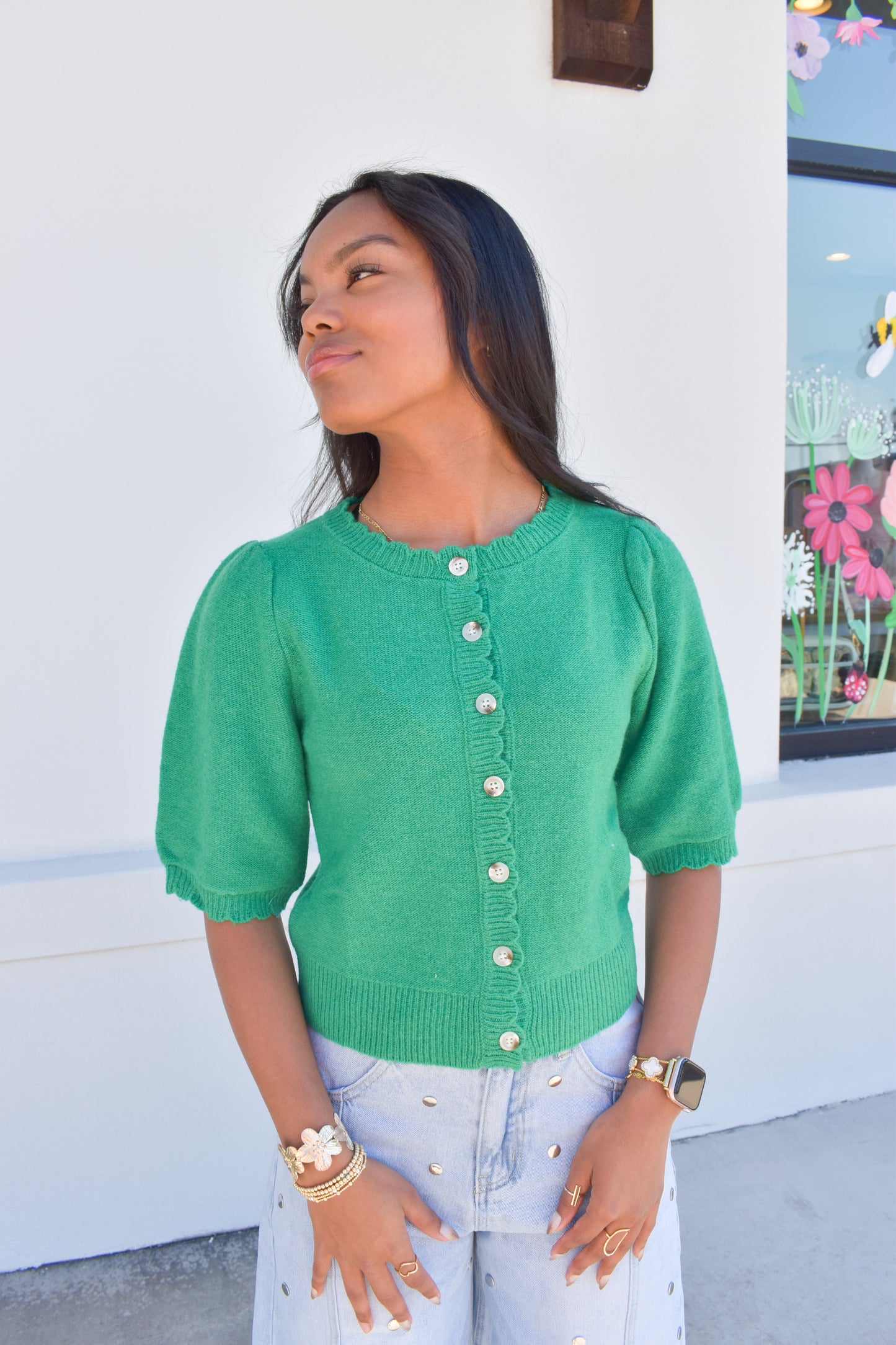 Green Button Short Sleeve Cardigan