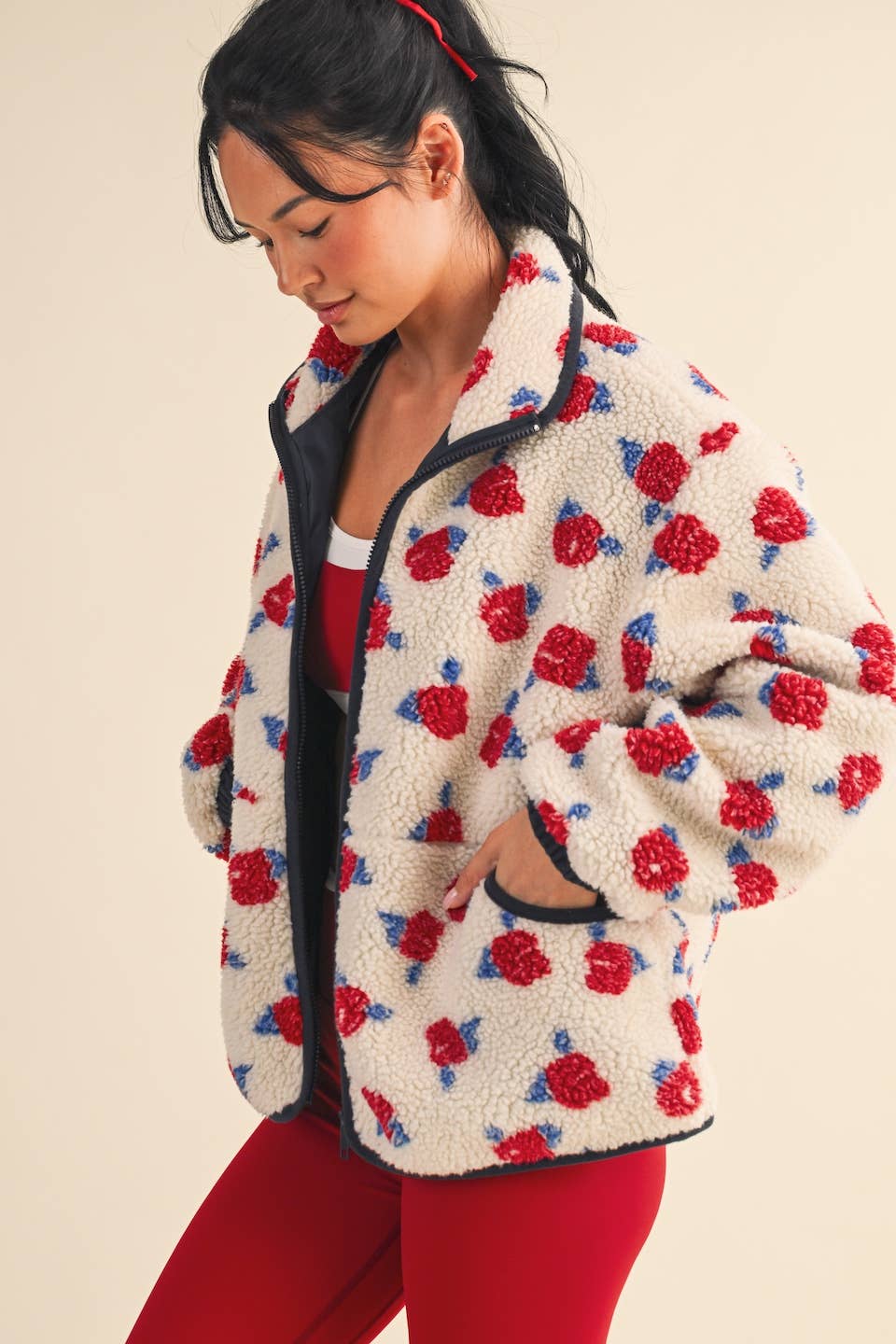Cozy Oversized Rose Pattern Fleece Zip Up Jacket