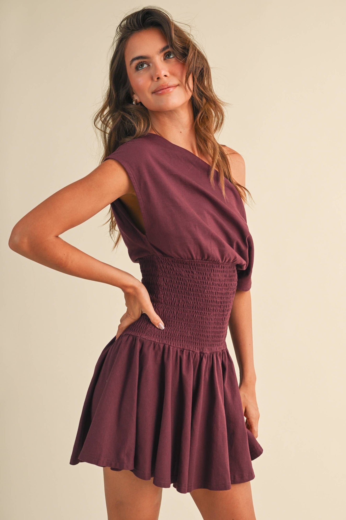 Off Shoulder Smocked Waist Dress: Wine