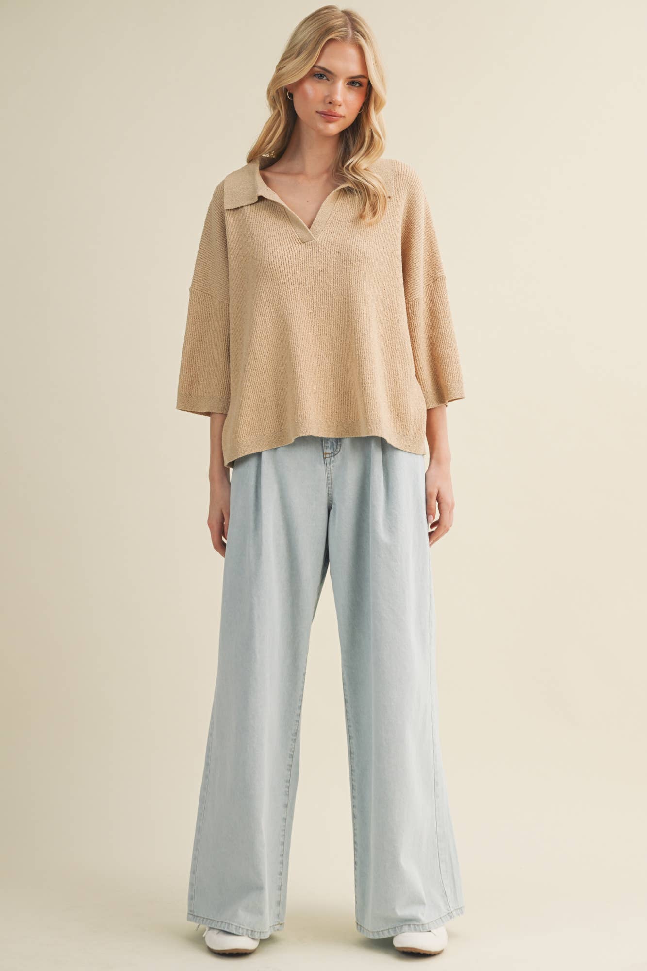 Polo Collar Open V-Neck Pullover