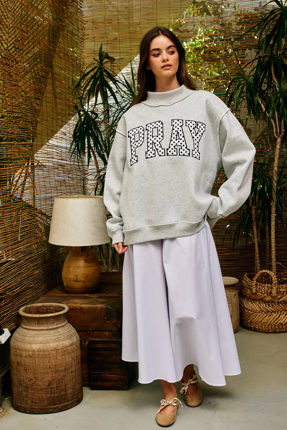 Embroidered "PRAY" Polka Dot Mockneck
