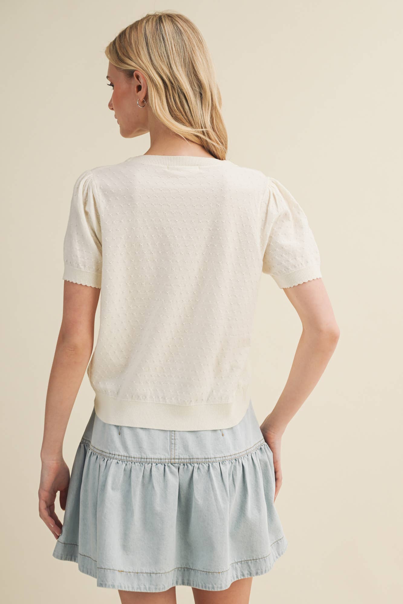 Starburst Pointelle Puff Sleeve Sweater