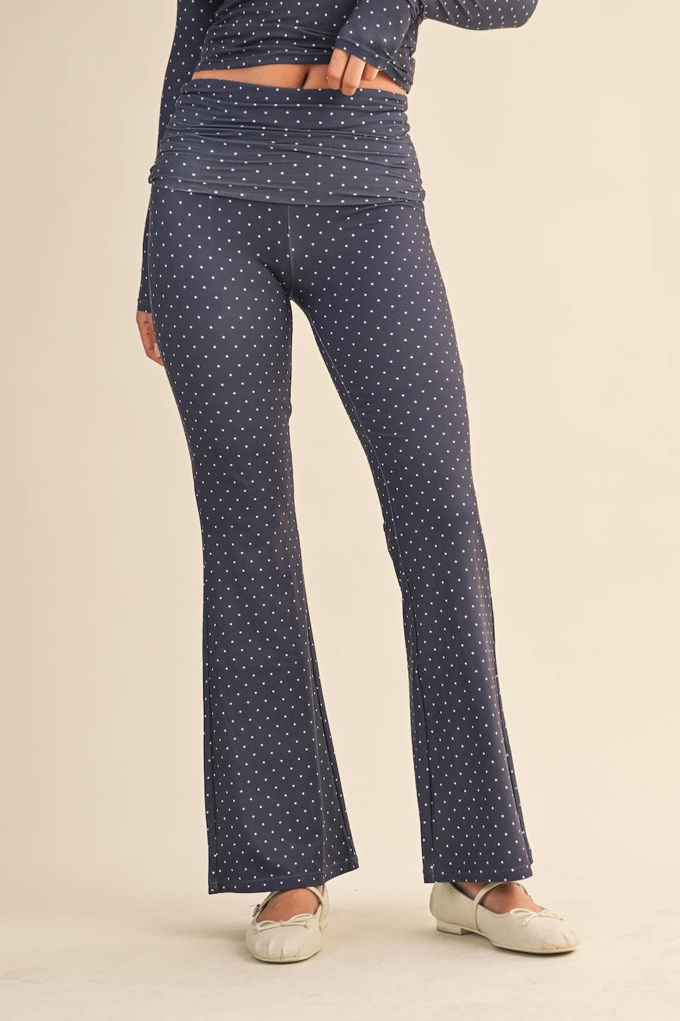 Polka Dot Print Soft Knit Jersey Foldover Flare Pants