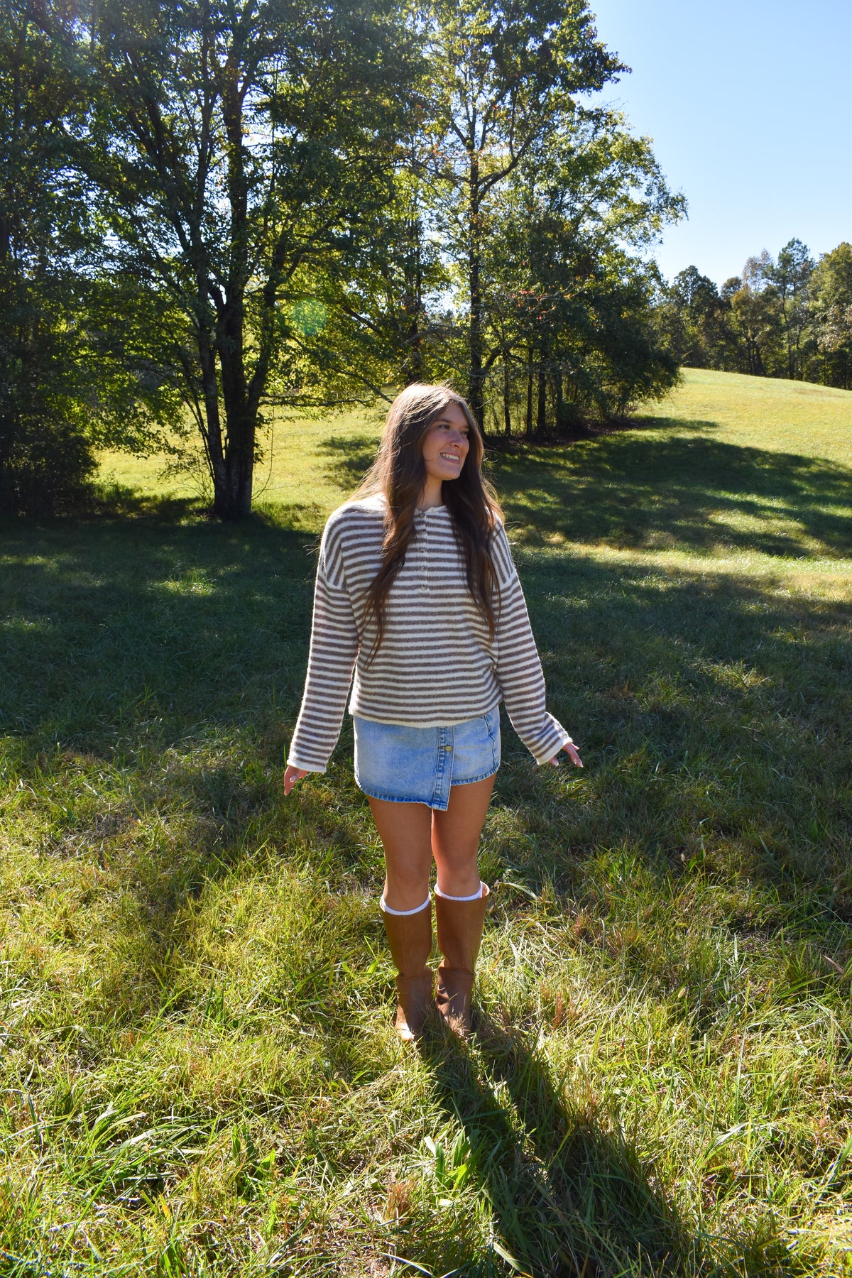 Beige Stripe Henley Pullover