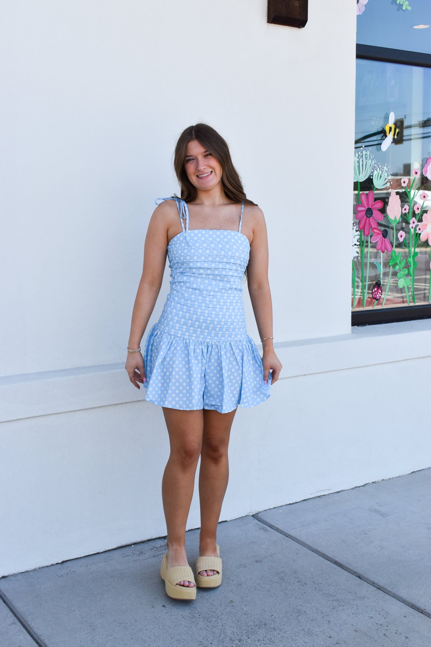 Blue Polka Dot Pleated Mini Dress