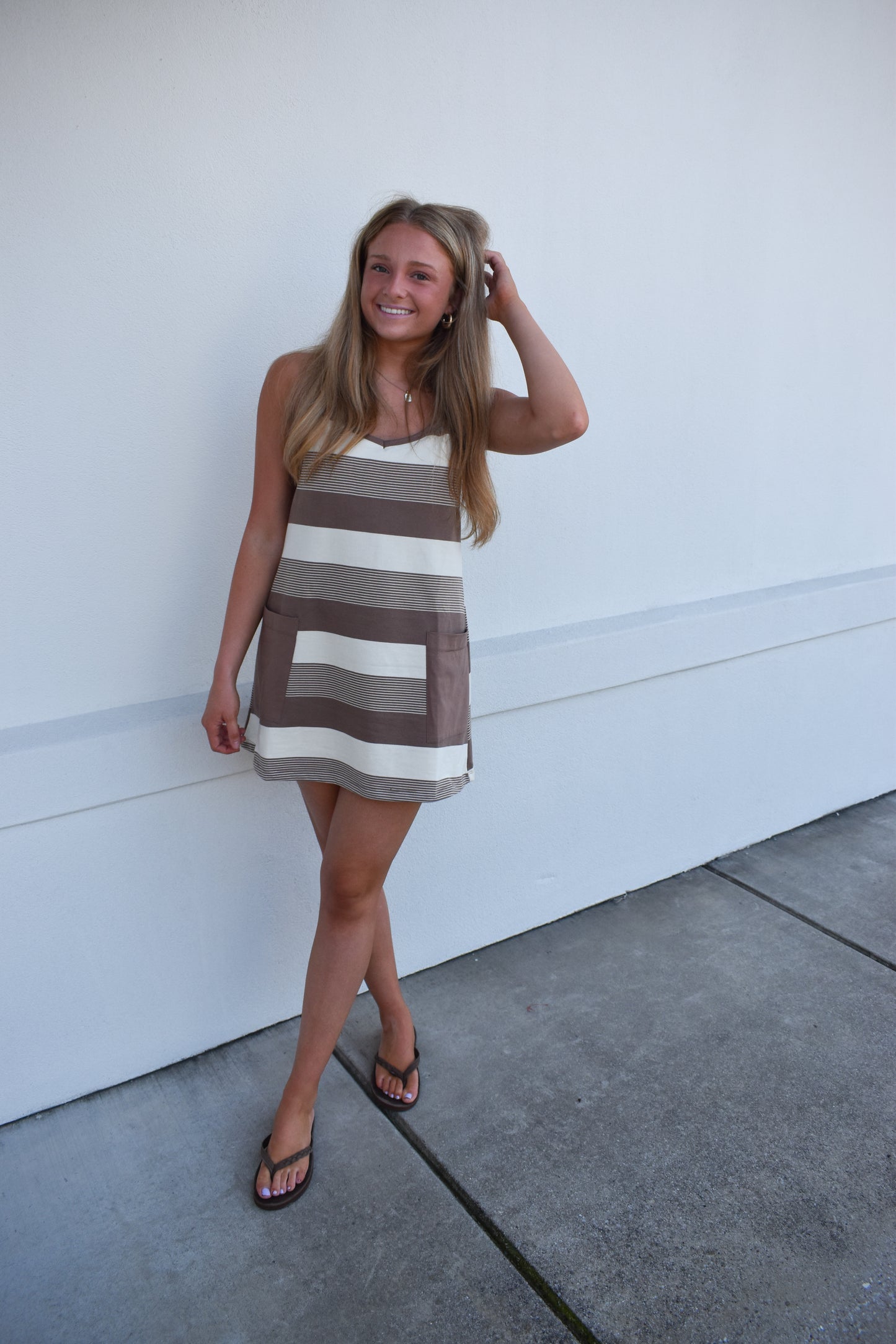 Stripe Mini Dress W/ Built In Romper Lining: Mocha