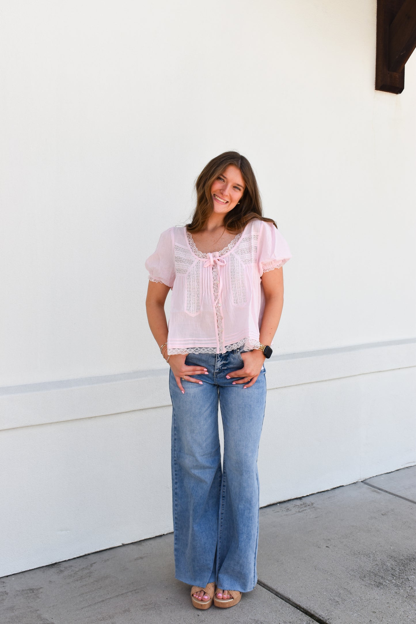 Risen Tummy Control High Rise Ankle Pallazo Jeans: Light Wash