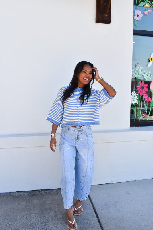 Blue Striped Short Sleeve Cardigan