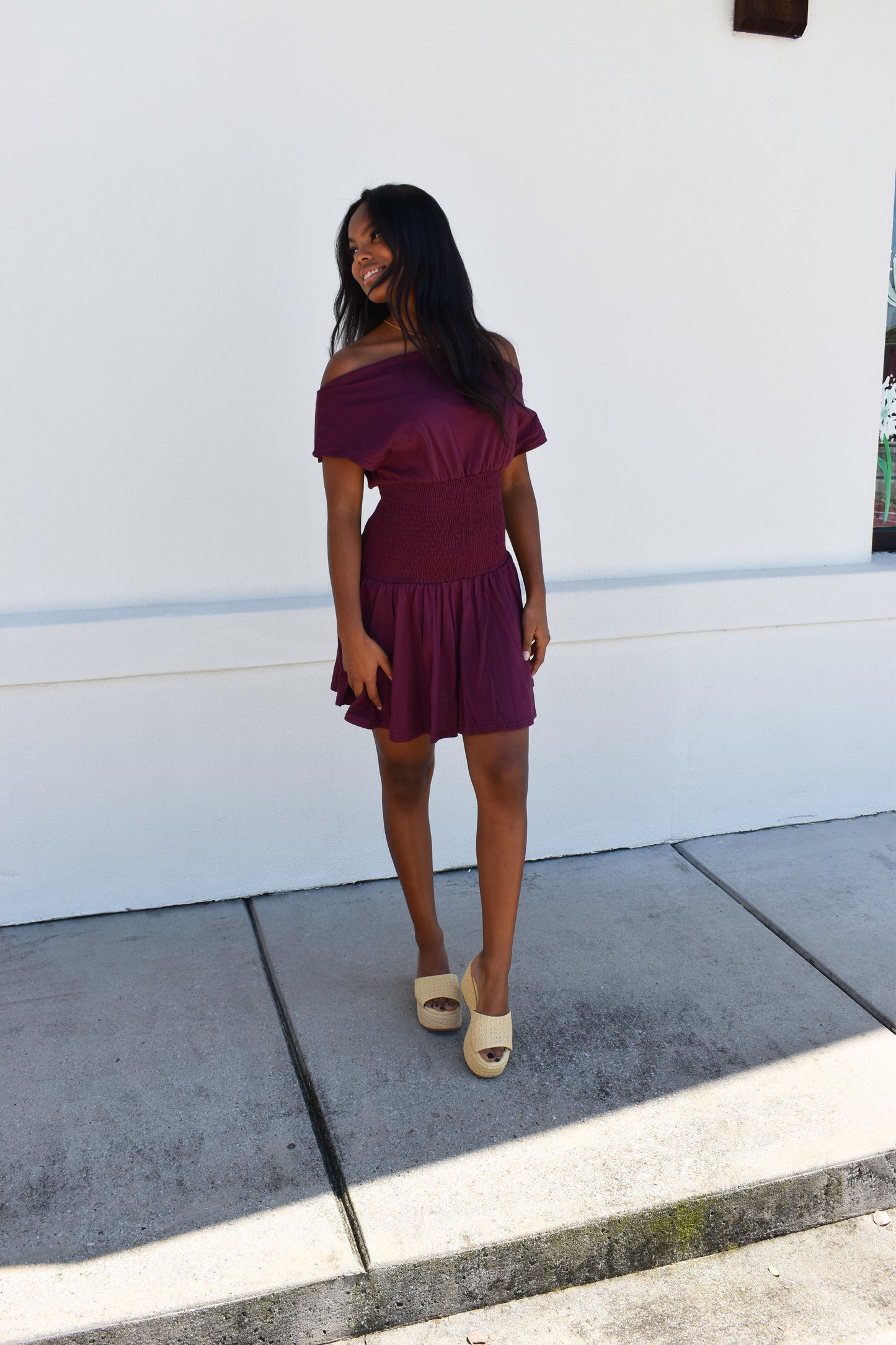 Off Shoulder Smocked Waist Dress: Wine