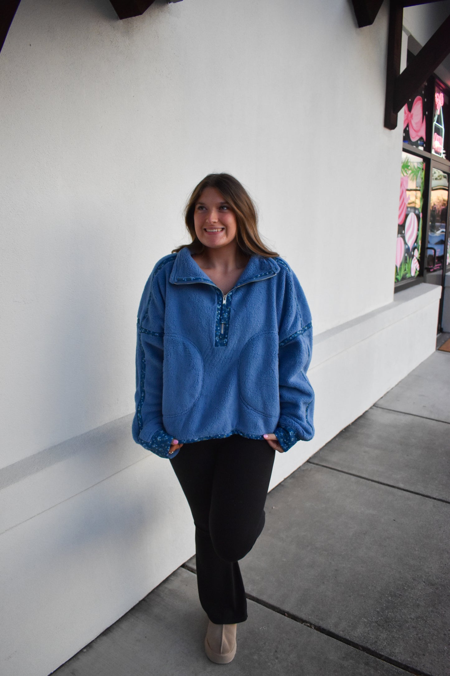 Floral Piping Detail Sherpa Jacket