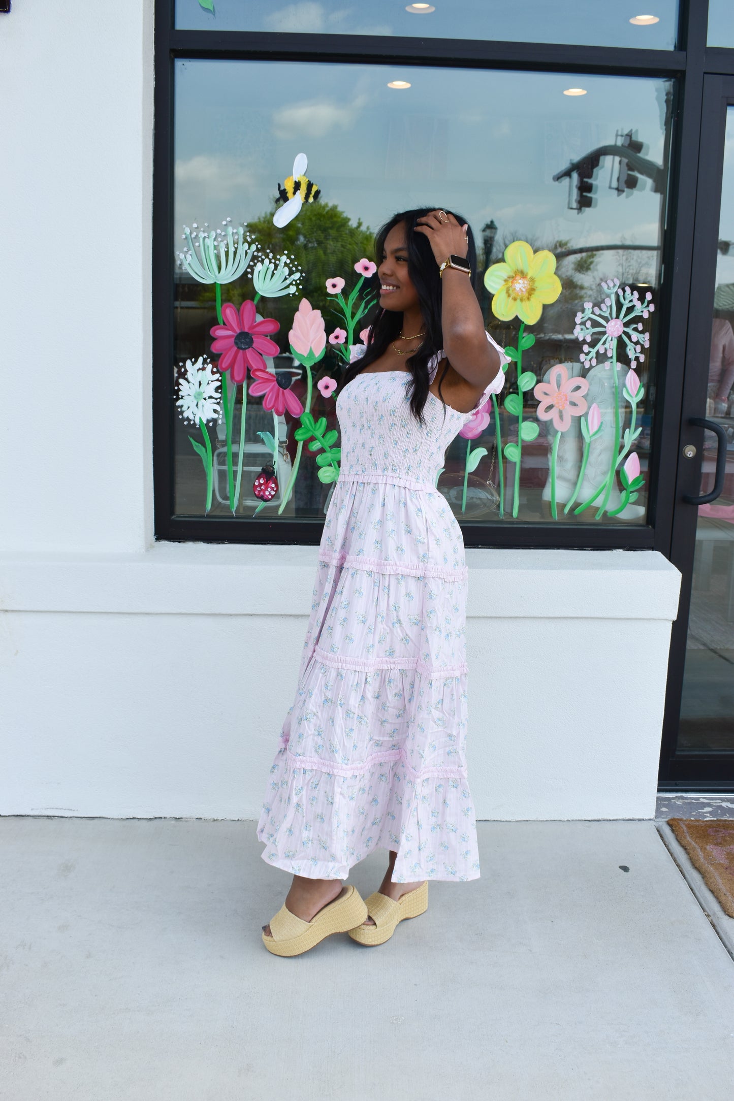 Ditsy Flower Smocked Dress: Pink/Blue