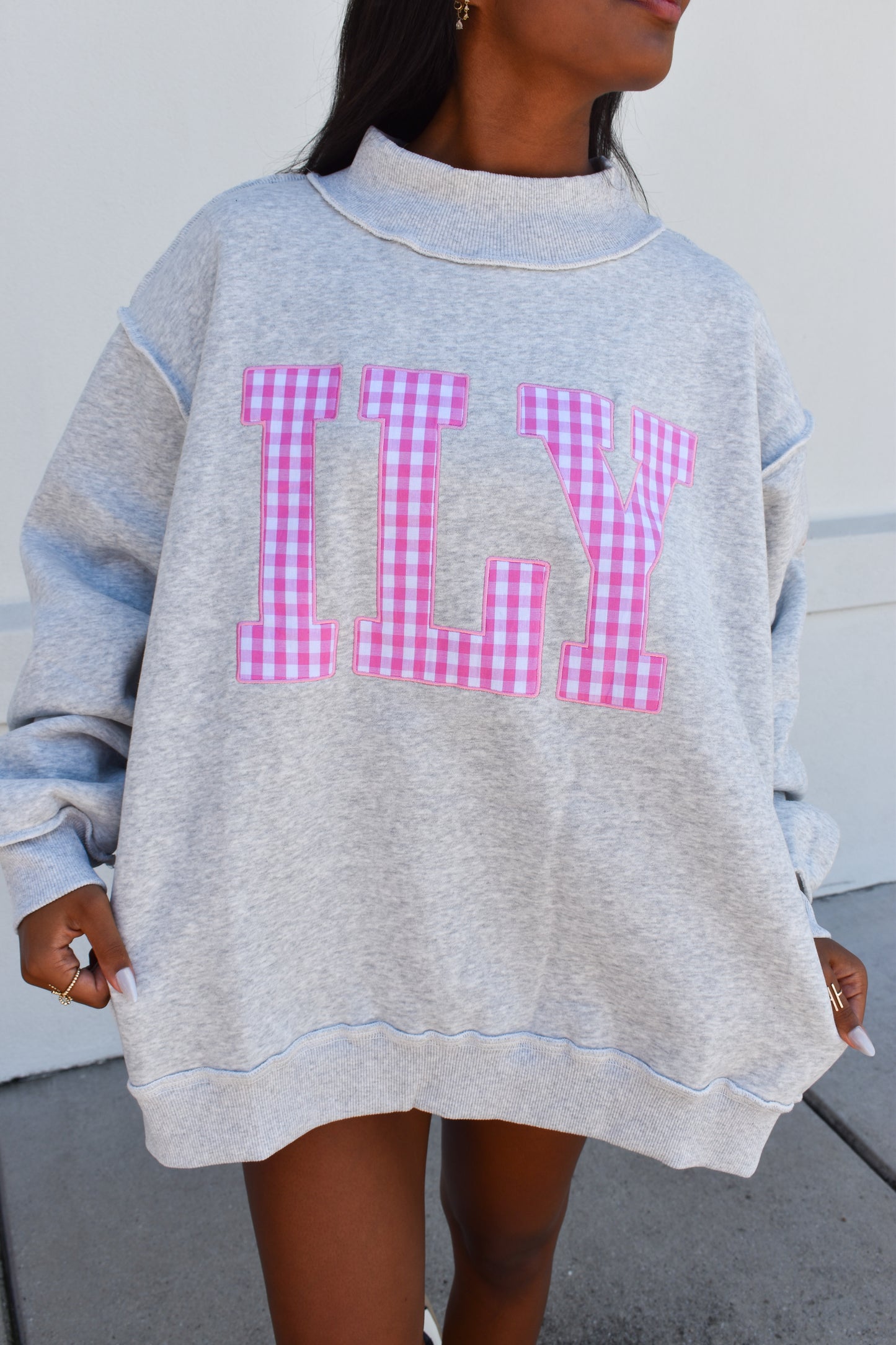 "ILY" Gingham Embroidered Mockneck