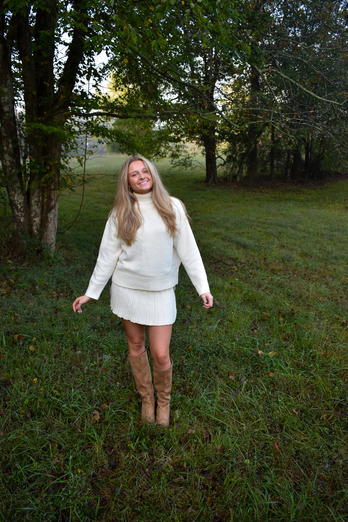 Turtleneck Pullover Sweater & Pleated Skirt Set