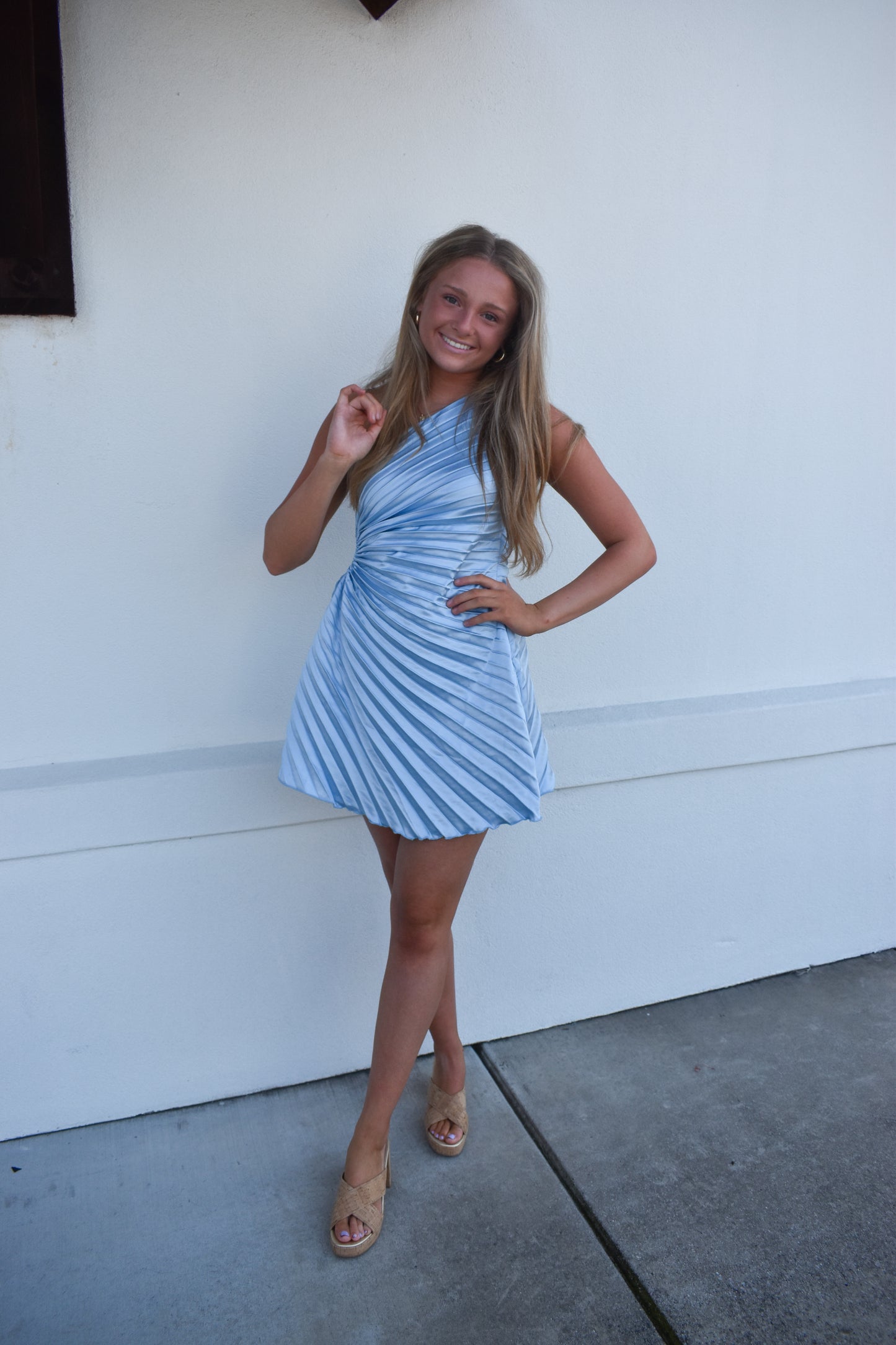 Shoulder Baby Blue Mini Dress