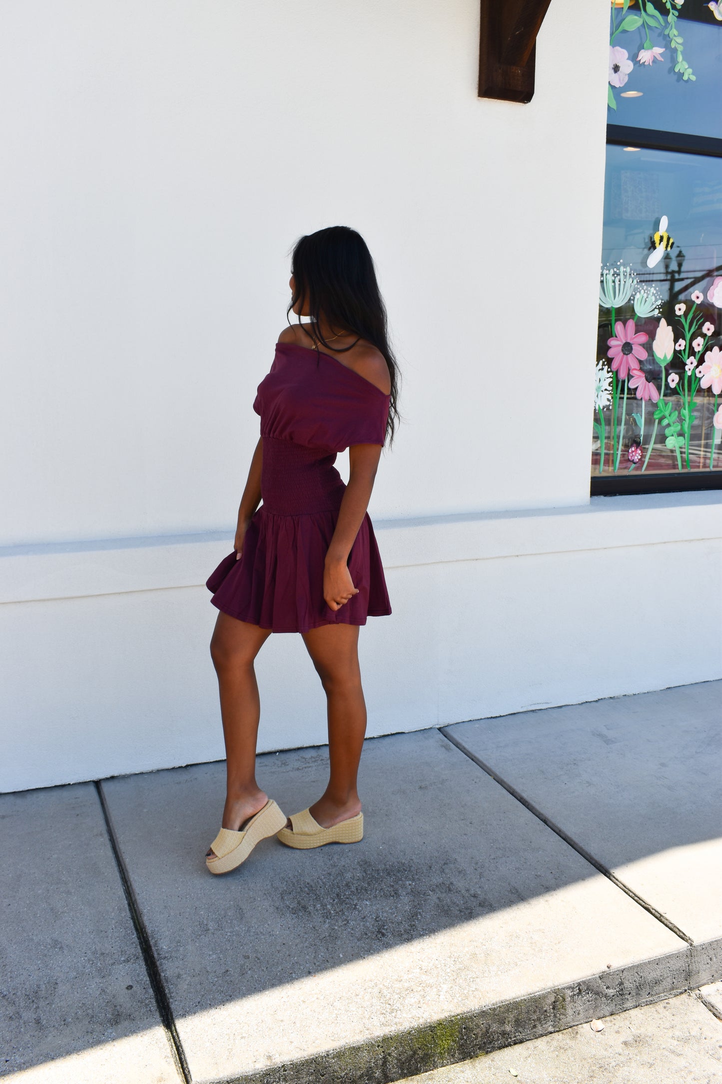 Off Shoulder Smocked Waist Dress: Wine