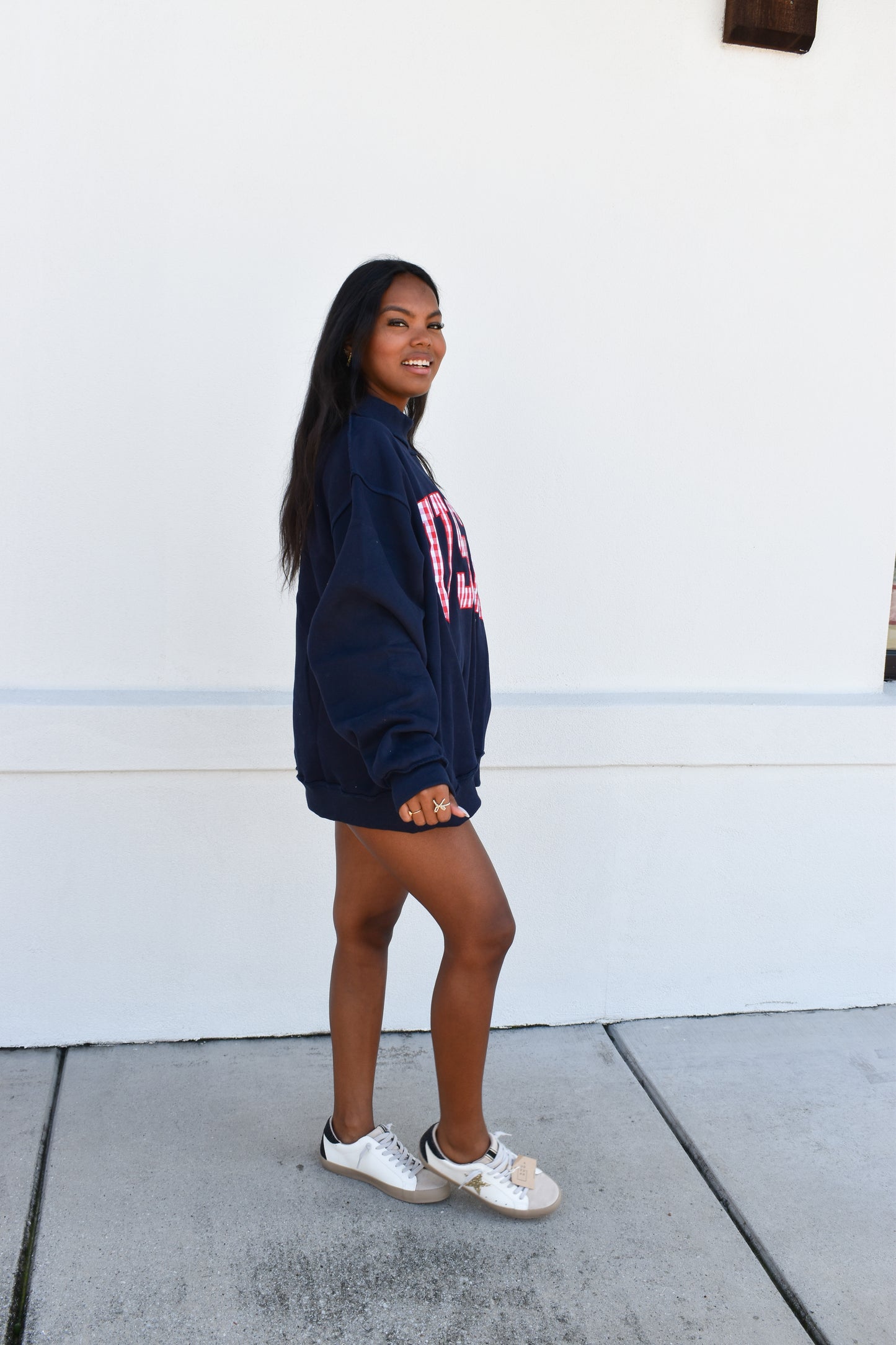 Gingham Embroidery "USA" Mock Neck Sweatshirt