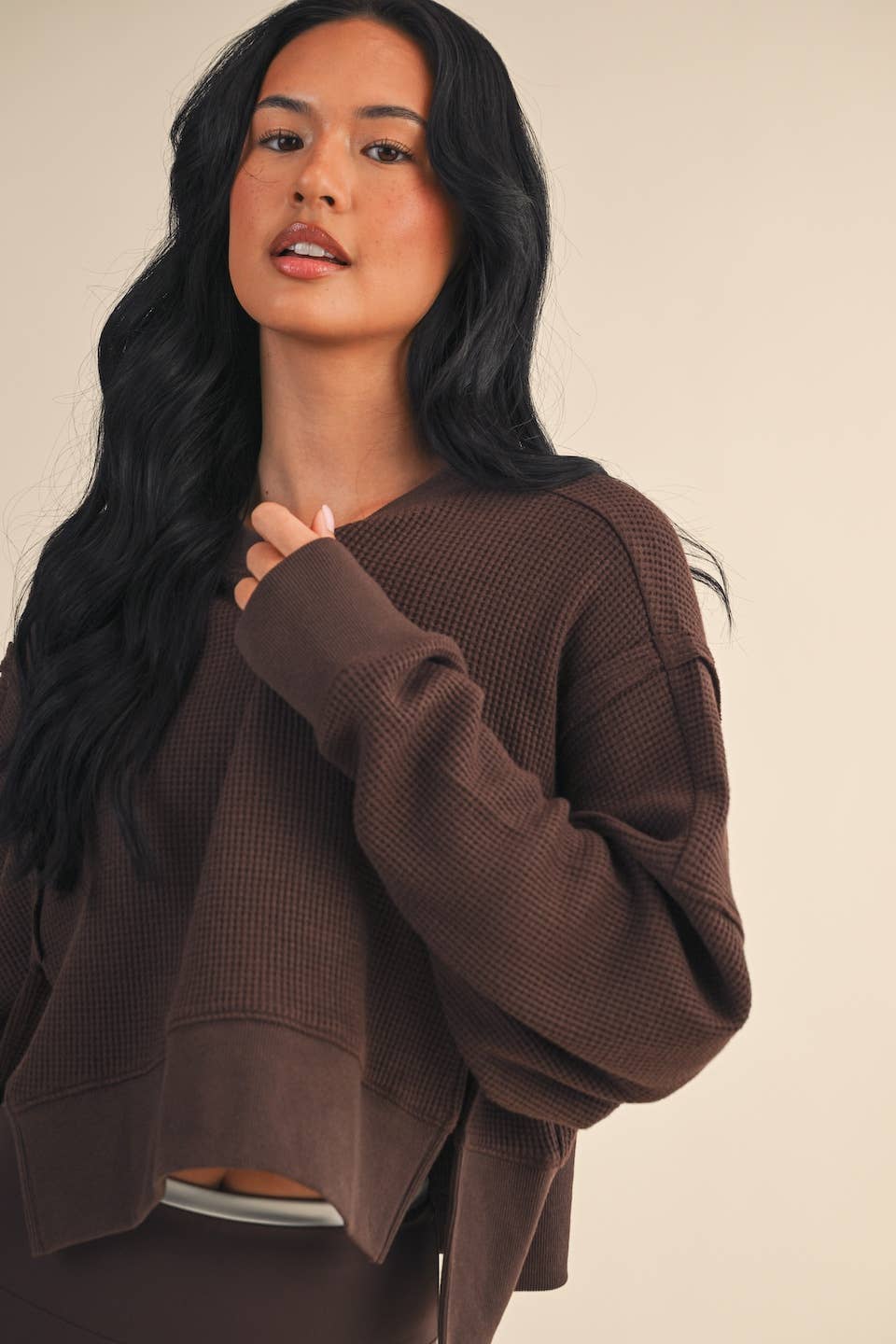 Waffle Knit Oversized Long Sleeve Top: Brown
